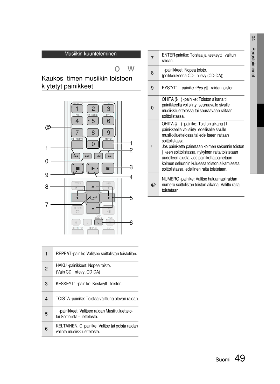 Samsung HT-C5500/XEE manual Kaukosäätimen musiikin toistoon käytetyt painikkeet, Musiikin kuunteleminen, Soittolistassa 