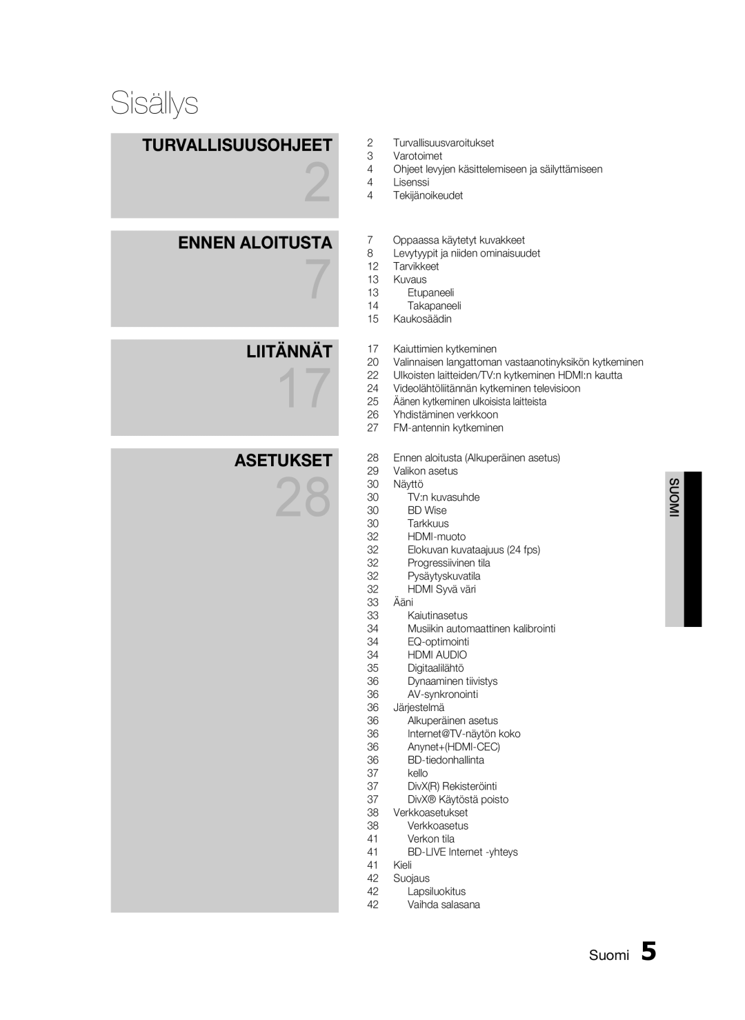 Samsung HT-C5530/XEE, HT-C5550/XEE, HT-C5500/XEE manual Sisällys, Turvallisuusohjeet 