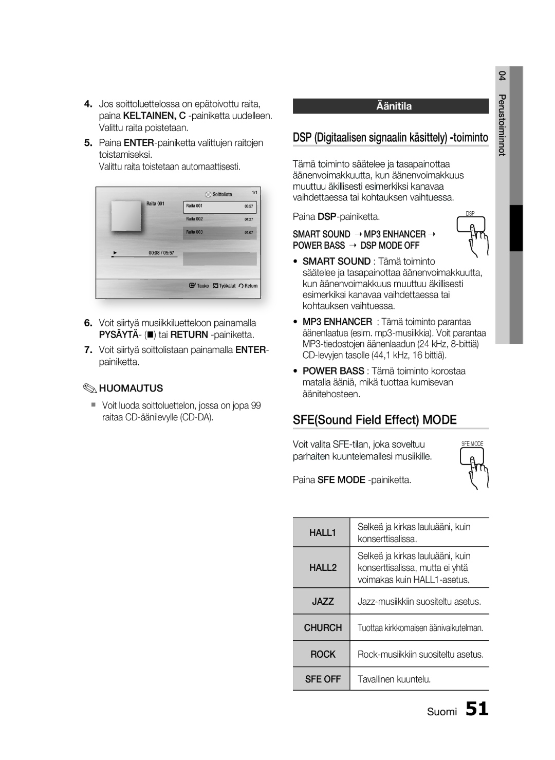 Samsung HT-C5550/XEE, HT-C5500/XEE SFESound Field Effect Mode, Äänitila, DSP Digitaalisen signaalin käsittely -toiminto 