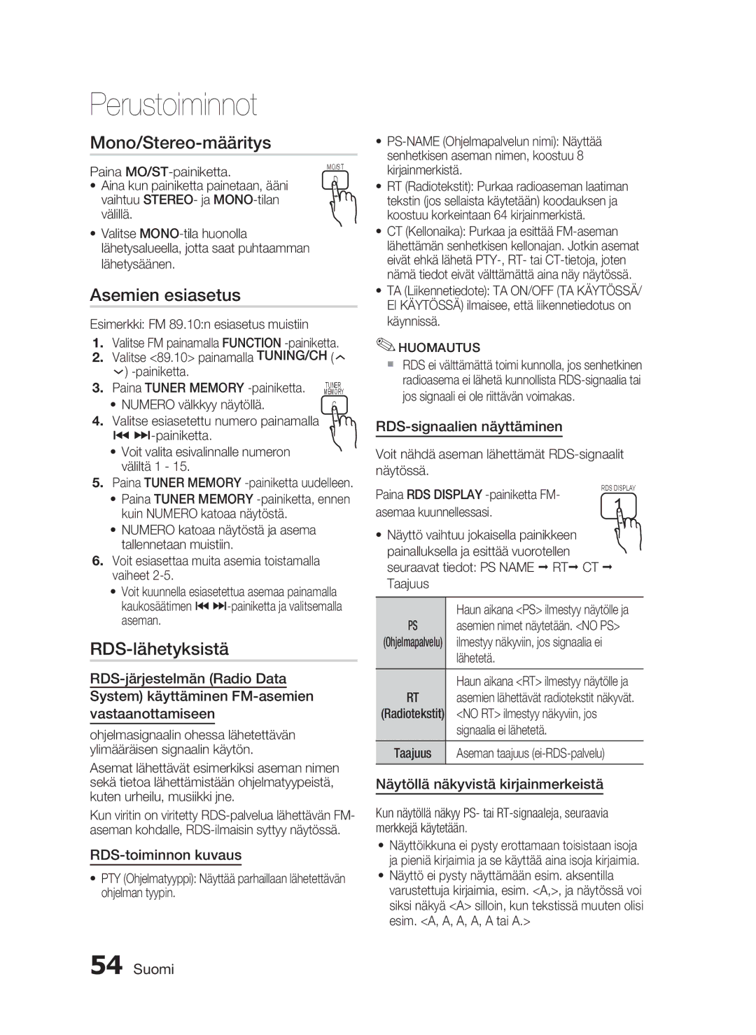 Samsung HT-C5550/XEE, HT-C5500/XEE, HT-C5530/XEE manual Mono/Stereo-määritys, Asemien esiasetus, RDS-lähetyksistä 