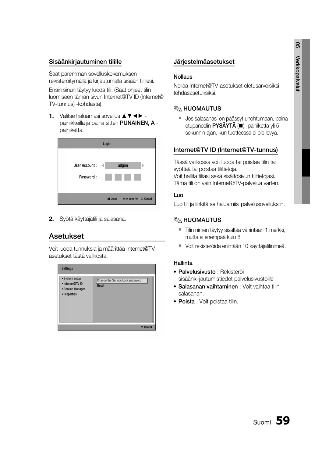 Samsung HT-C5530/XEE manual Asetukset, Sisäänkirjautuminen tilille, Järjestelmäasetukset, Internet@TV ID Internet@TV-tunnus 