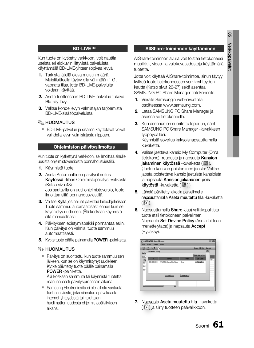 Samsung HT-C5500/XEE, HT-C5550/XEE, HT-C5530/XEE manual AllShare-toiminnon käyttäminen, Ohjelmiston päivitysilmoitus 