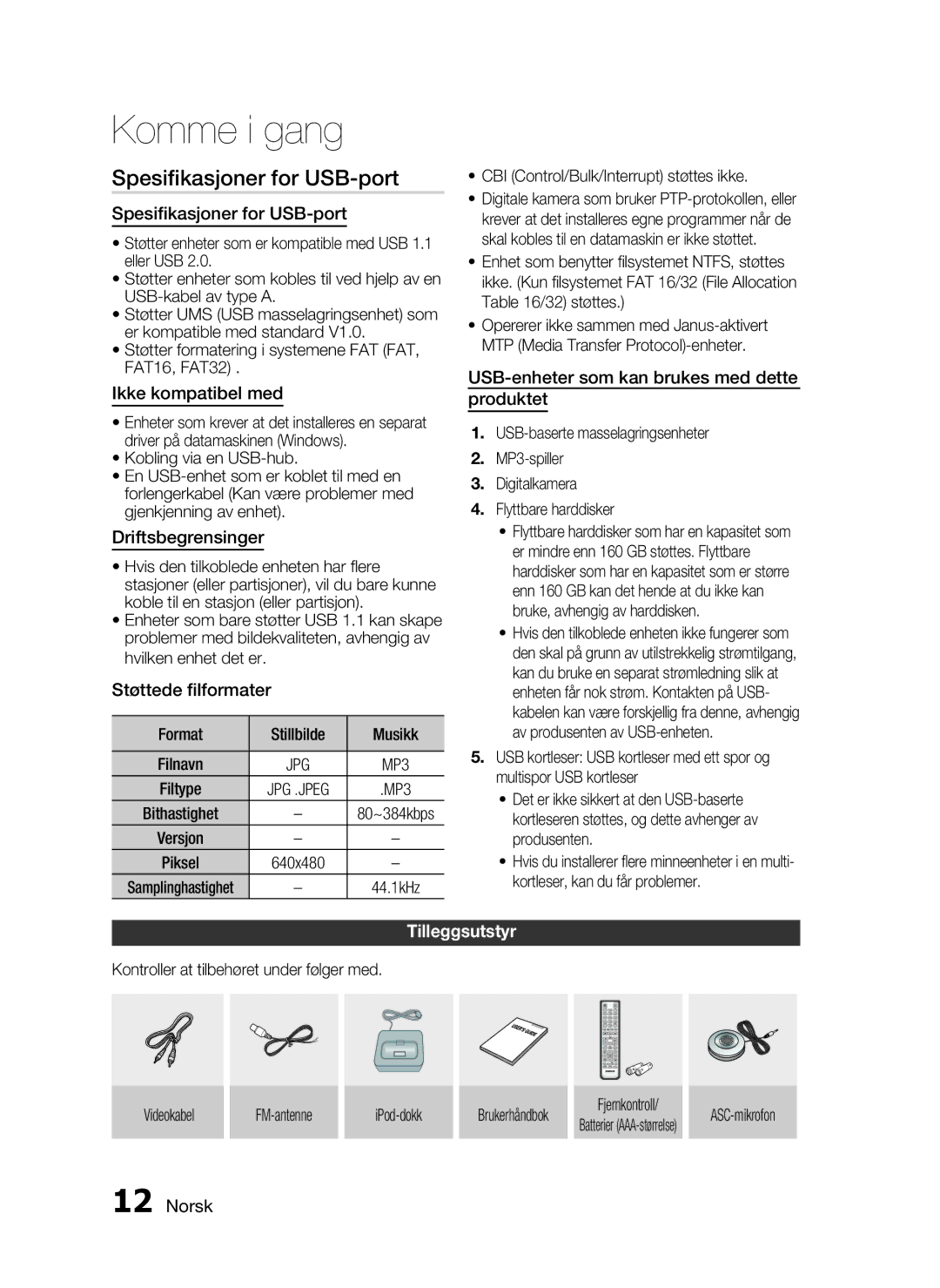 Samsung HT-C5550/XEE, HT-C5500/XEE, HT-C5530/XEE manual Spesiﬁkasjoner for USB-port, Tilleggsutstyr 