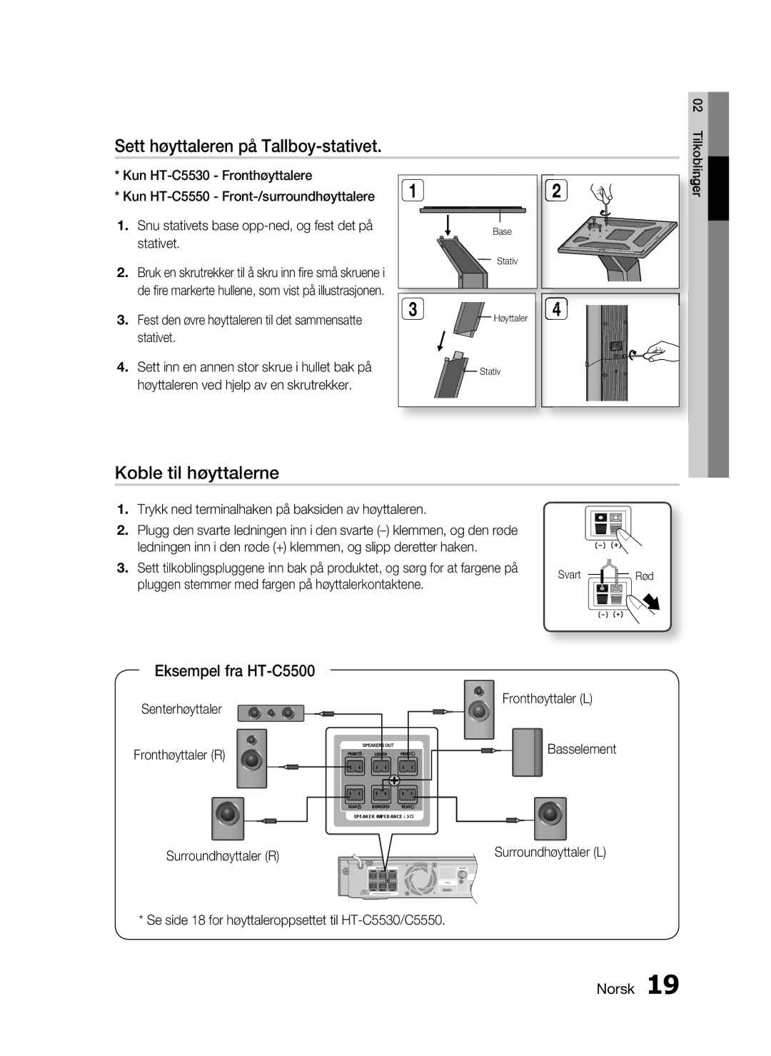 Samsung HT-C5500/XEE, HT-C5550/XEE, HT-C5530/XEE manual Sett høyttaleren på Tallboy-stativet, Koble til høyttalerne 