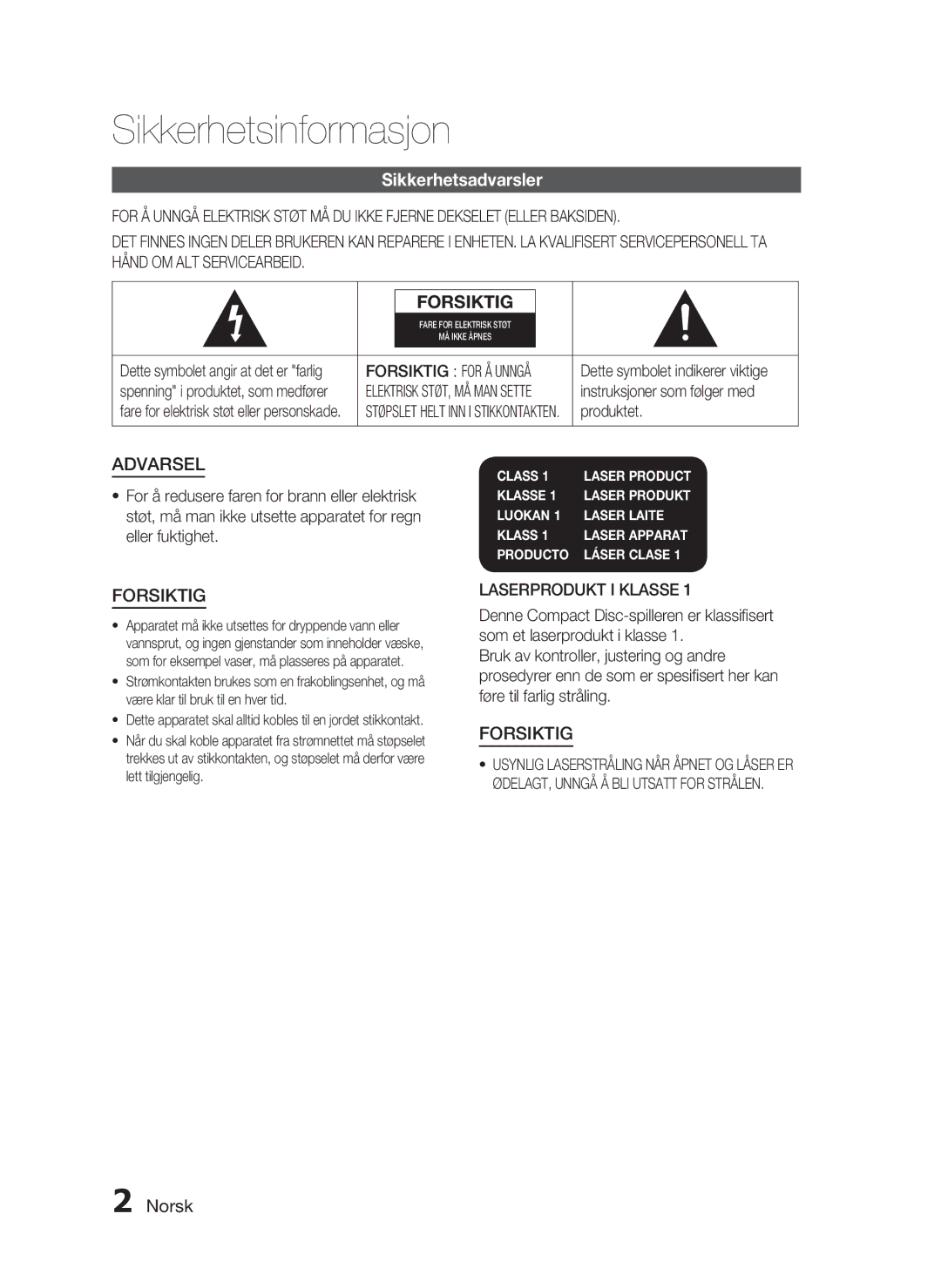 Samsung HT-C5530/XEE manual Sikkerhetsinformasjon, Sikkerhetsadvarsler, Norsk, Forsiktig for Å Unngå, Laserprodukt I Klasse 
