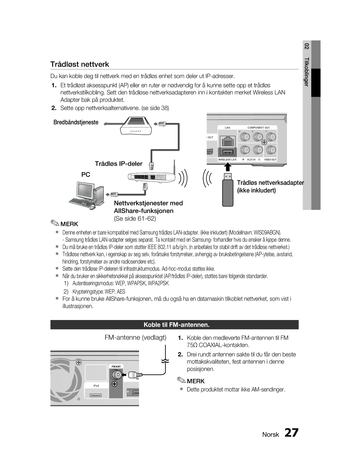 Samsung HT-C5550/XEE, HT-C5500/XEE Bredbåndstjeneste, Trådløs IP-deler, Nettverkstjenester med AllShare-funksjonen Se side 