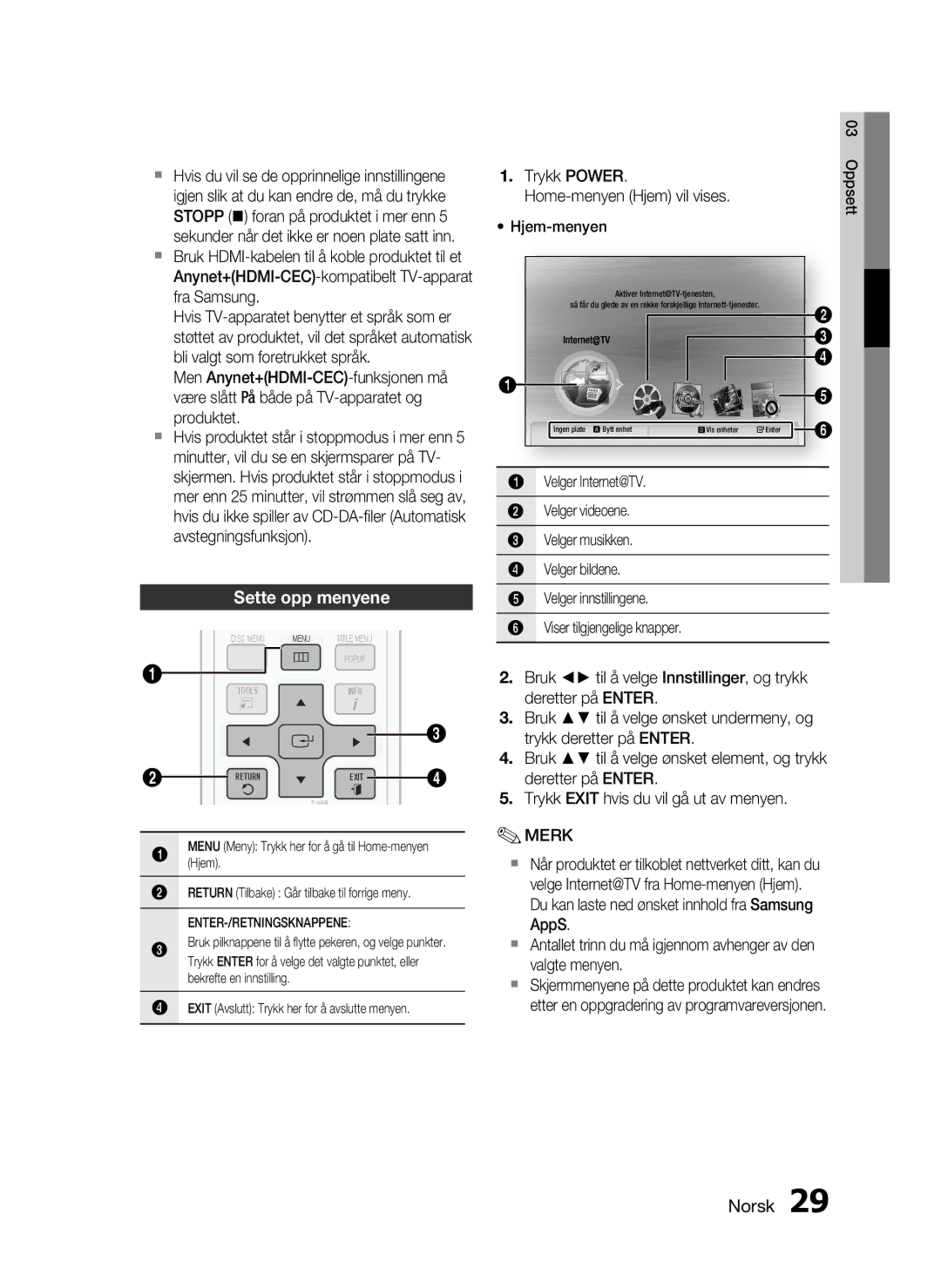 Samsung HT-C5530/XEE, HT-C5550/XEE, HT-C5500/XEE manual Sette opp menyene 