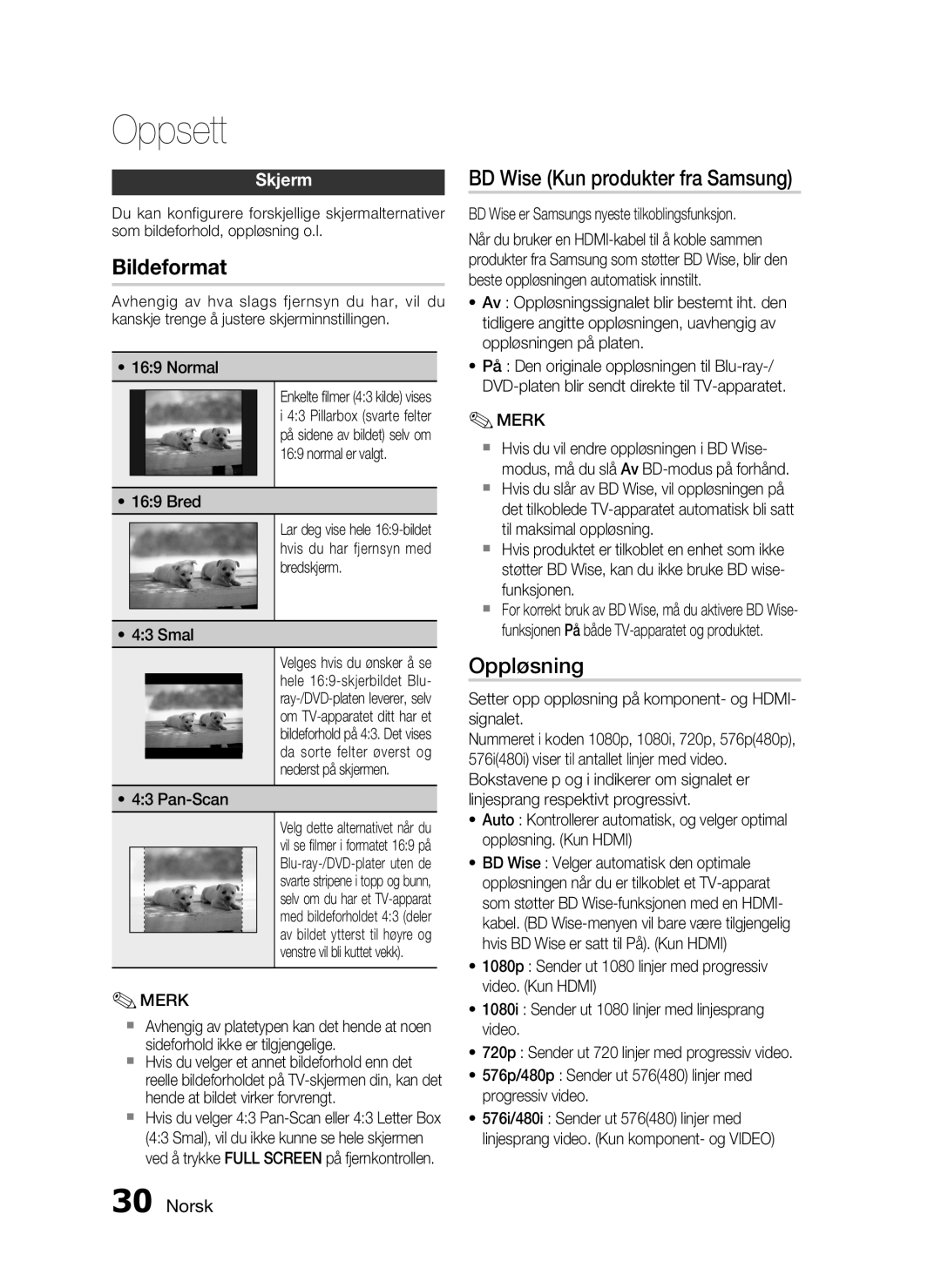 Samsung HT-C5550/XEE, HT-C5500/XEE, HT-C5530/XEE manual BD Wise Kun produkter fra Samsung, Oppløsning, Skjerm 