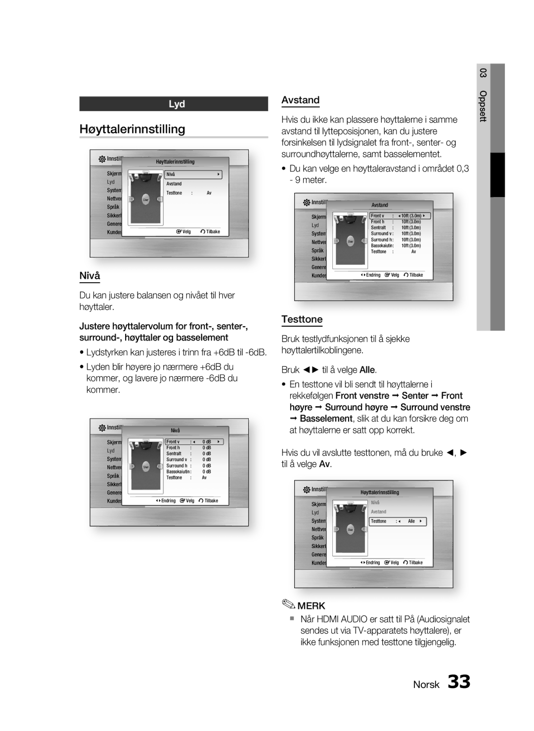 Samsung HT-C5550/XEE, HT-C5500/XEE, HT-C5530/XEE manual Høyttalerinnstilling, Lyd, Nivå, Avstand, Testtone 