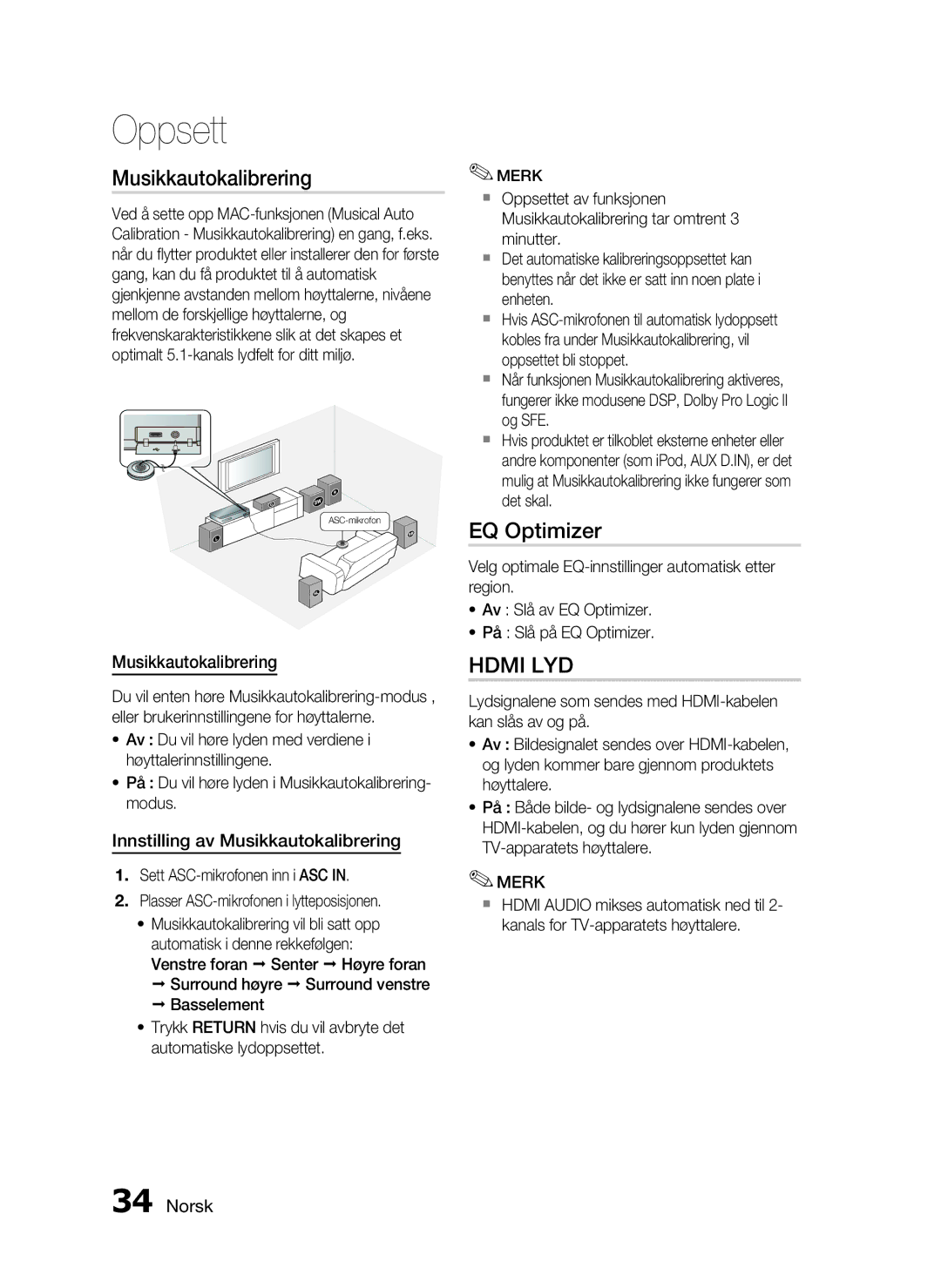 Samsung HT-C5500/XEE, HT-C5550/XEE, HT-C5530/XEE manual EQ Optimizer, Innstilling av Musikkautokalibrering 