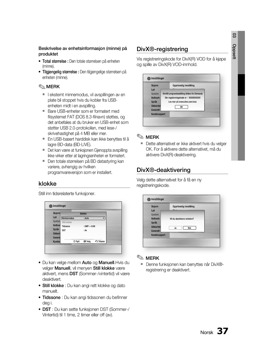 Samsung HT-C5500/XEE, HT-C5550/XEE manual Klokke, DivX-registrering, DivX-deaktivering, Still inn tidsrelaterte funksjoner 