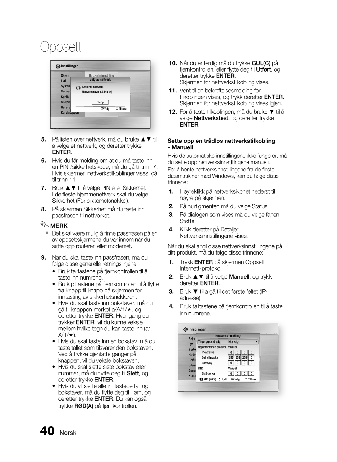 Samsung HT-C5500/XEE, HT-C5550/XEE, HT-C5530/XEE manual Sette opp en trådløs nettverkstilkobling Manuell 