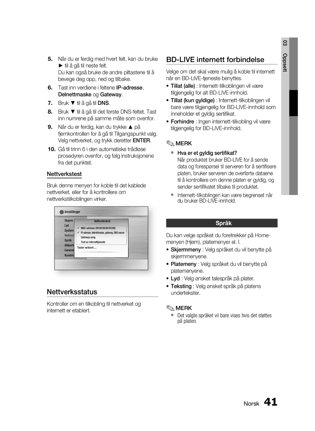 Samsung HT-C5530/XEE, HT-C5550/XEE, HT-C5500/XEE manual BD-LIVE internett forbindelse, Nettverksstatus, Nettverkstest, Språk 