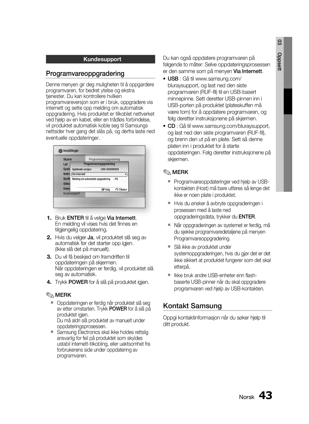 Samsung HT-C5500/XEE, HT-C5550/XEE, HT-C5530/XEE manual Programvareoppgradering, Kontakt Samsung, Kundesupport 