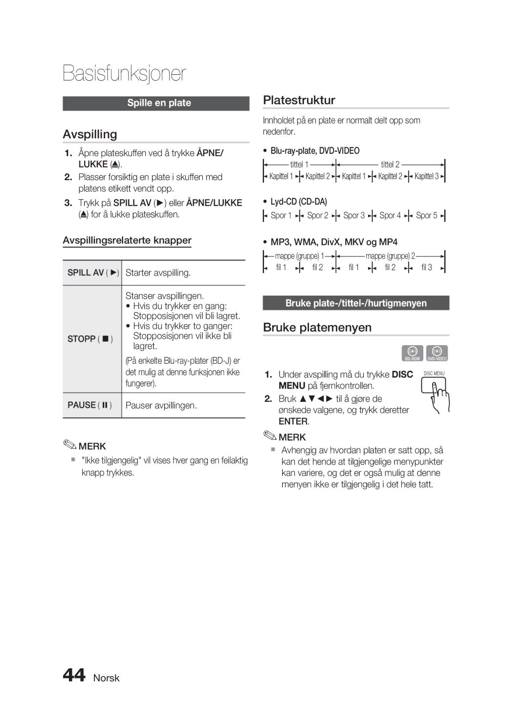 Samsung HT-C5530/XEE, HT-C5550/XEE, HT-C5500/XEE manual Basisfunksjoner, Avspilling, Platestruktur, Bruke platemenyen 