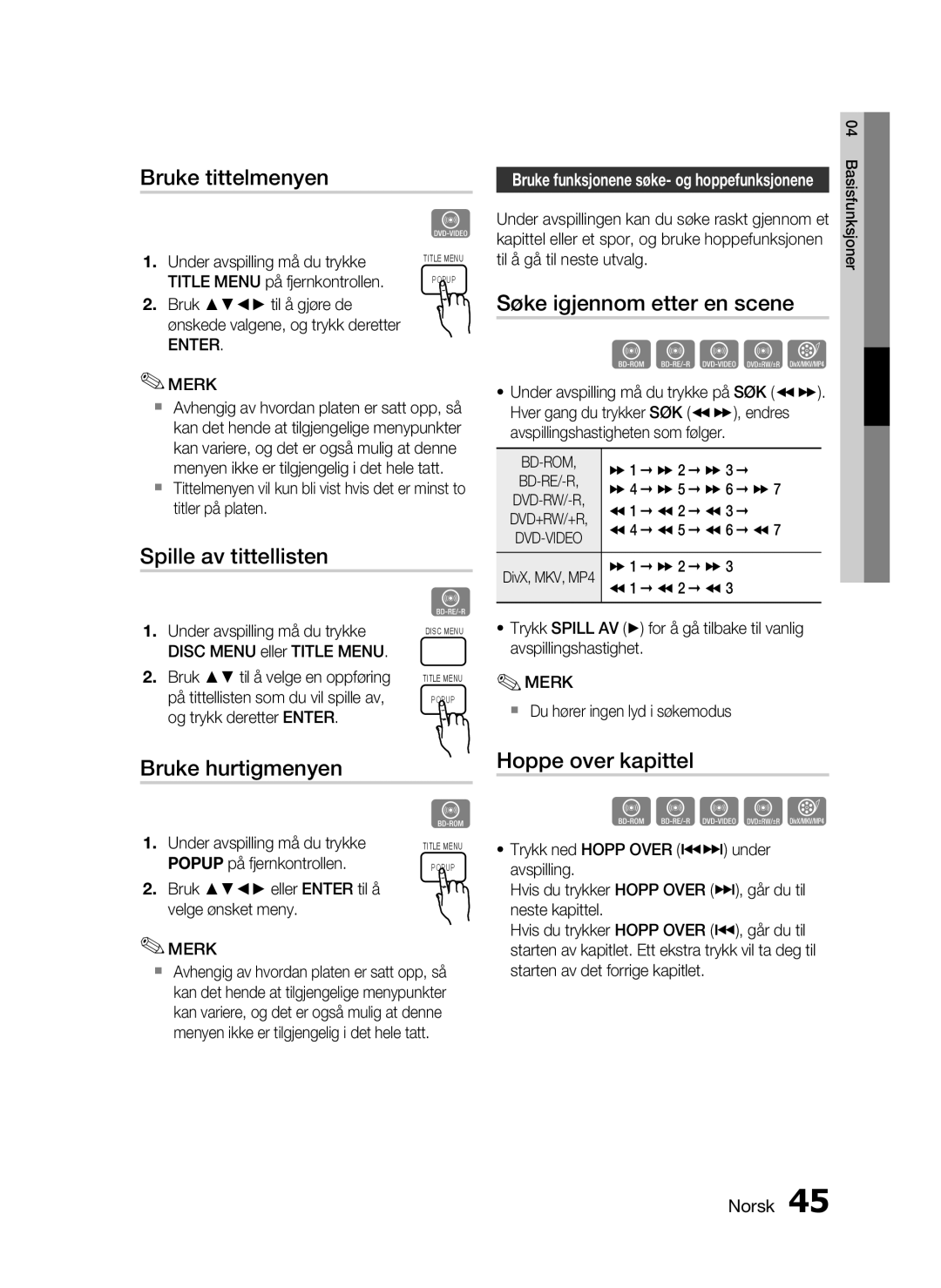 Samsung HT-C5550/XEE manual Bruke tittelmenyen, Spille av tittellisten, Bruke hurtigmenyen, Hoppe over kapittel, Bd-Rom 