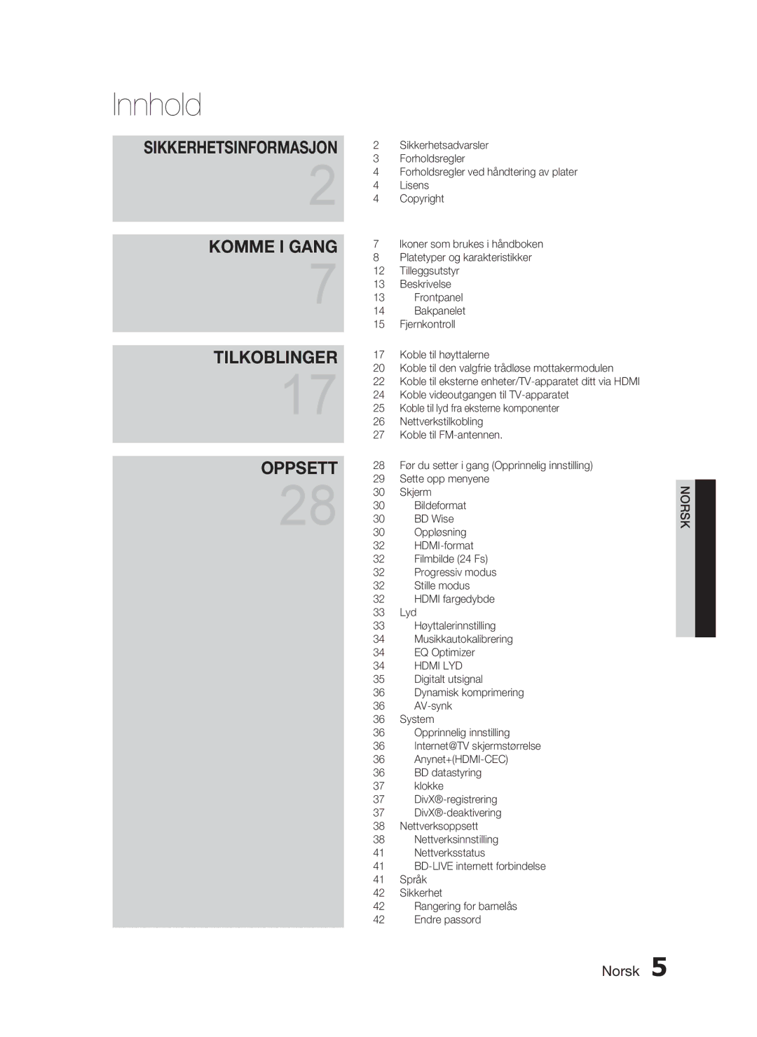 Samsung HT-C5530/XEE, HT-C5550/XEE, HT-C5500/XEE manual Innhold, Komme I Gang 