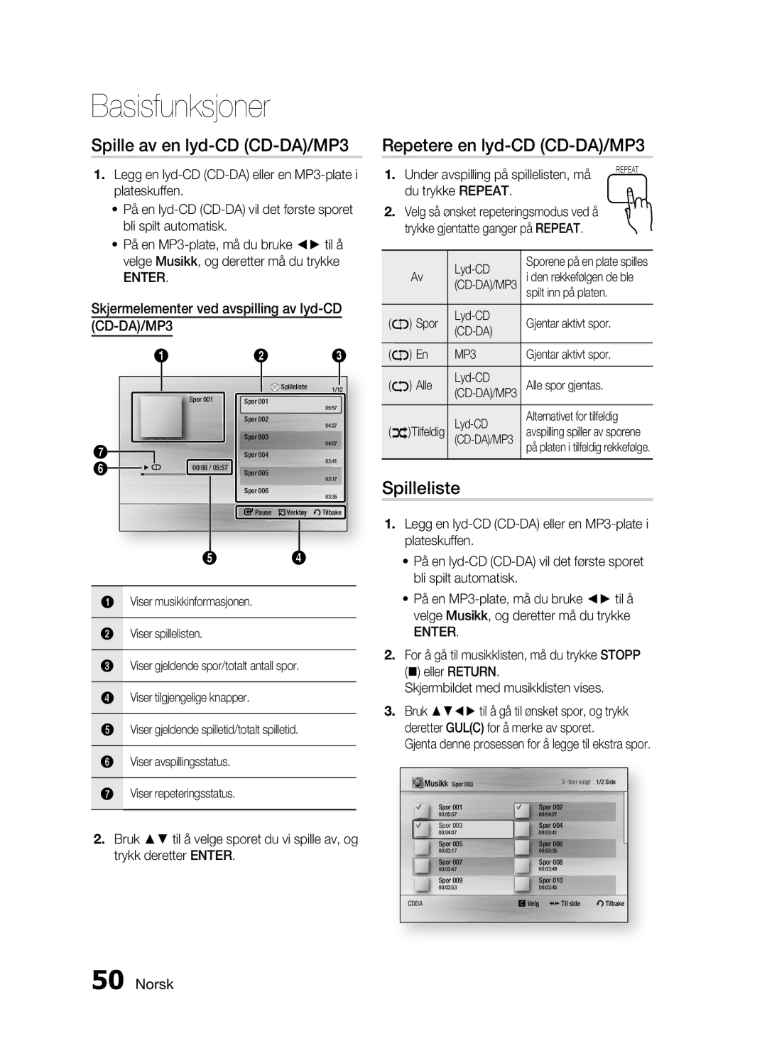 Samsung HT-C5530/XEE, HT-C5550/XEE, HT-C5500/XEE Spille av en lyd-CD CD-DA/MP3, Repetere en lyd-CD CD-DA/MP3, Spilleliste 