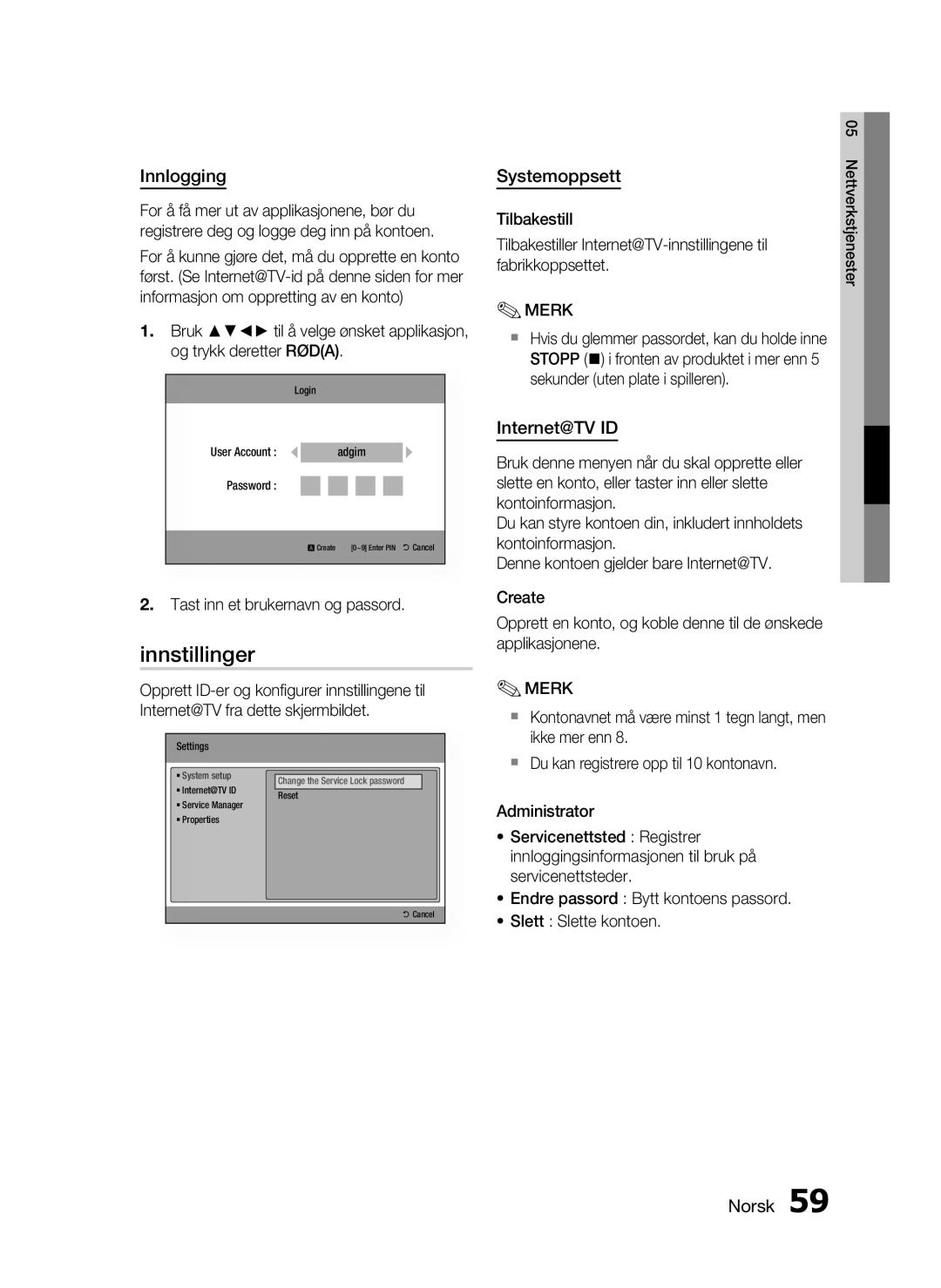 Samsung HT-C5530/XEE, HT-C5550/XEE, HT-C5500/XEE manual Innstillinger, Innlogging, Systemoppsett, Internet@TV ID 