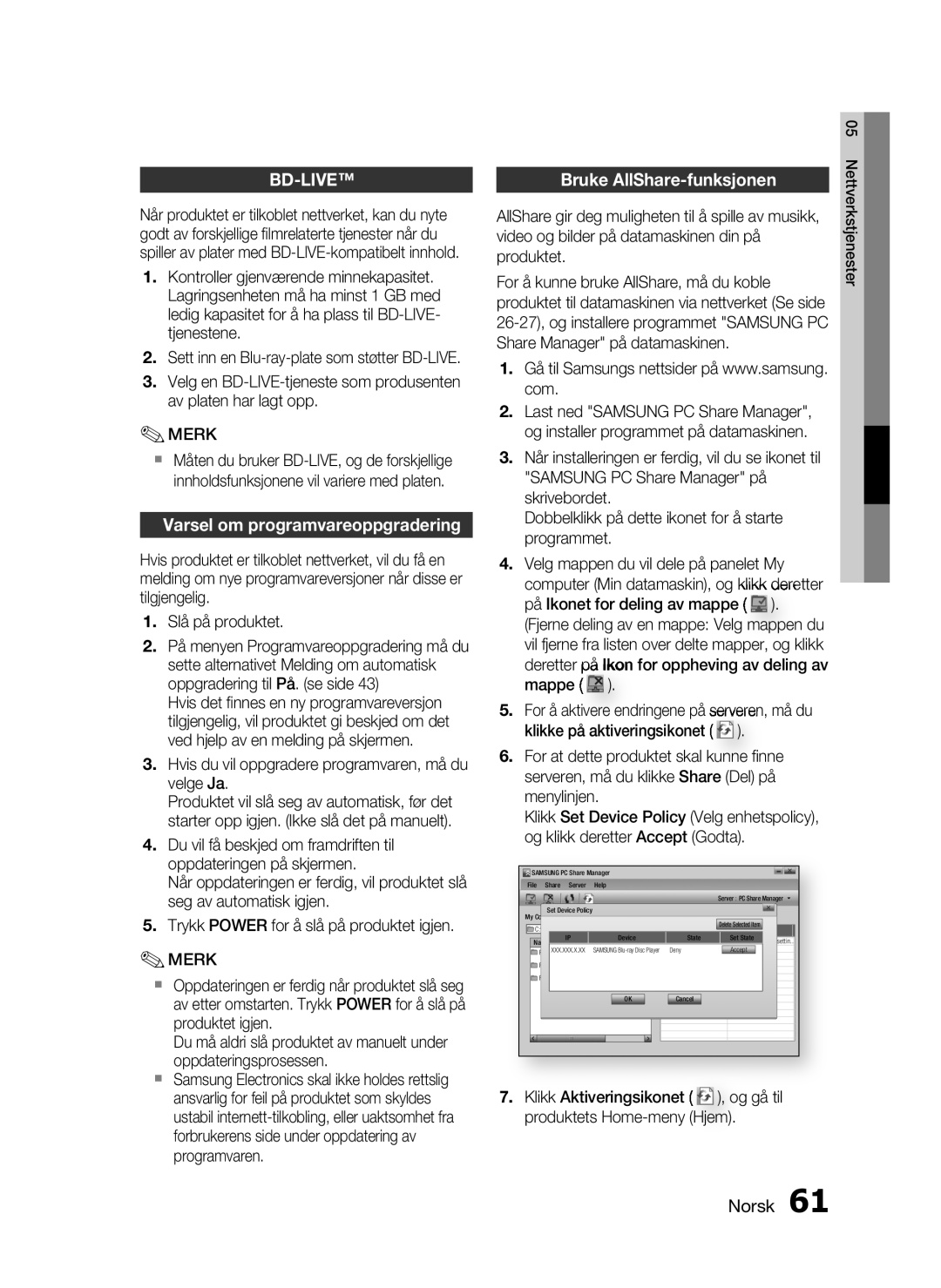 Samsung HT-C5500/XEE, HT-C5550/XEE, HT-C5530/XEE manual Varsel om programvareoppgradering, Bruke AllShare-funksjonen 