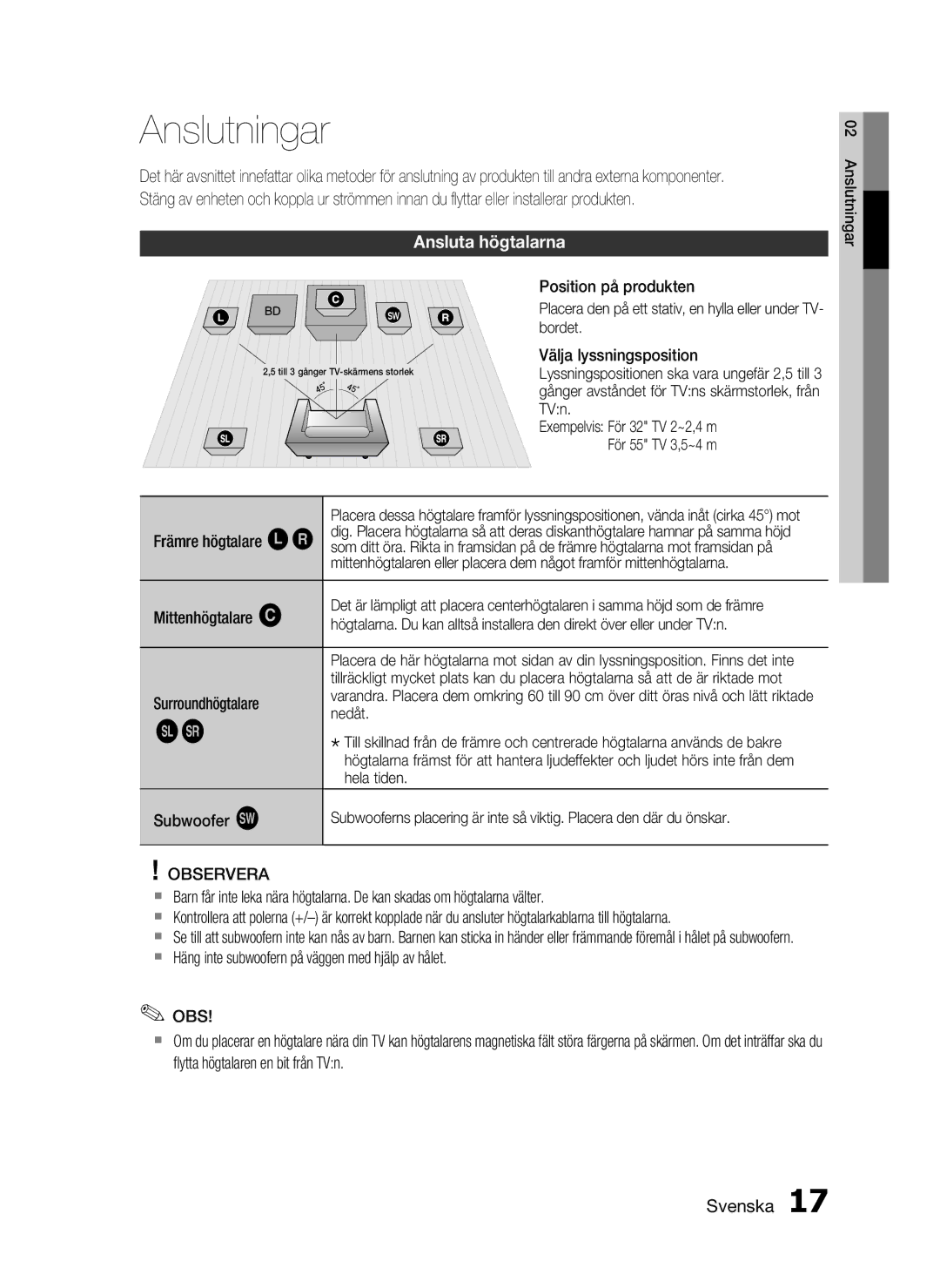 Samsung HT-C5530/XEE, HT-C5550/XEE, HT-C5500/XEE manual Anslutningar, Ansluta högtalarna 