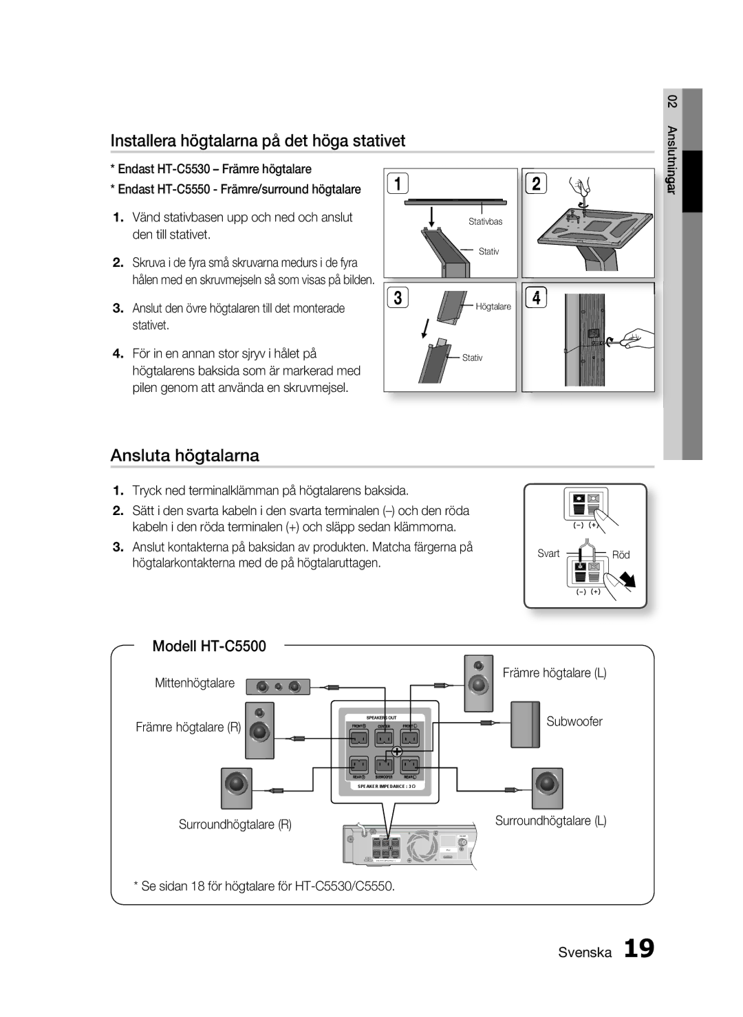 Samsung HT-C5500/XEE, HT-C5550/XEE, HT-C5530/XEE manual Installera högtalarna på det höga stativet, Ansluta högtalarna 