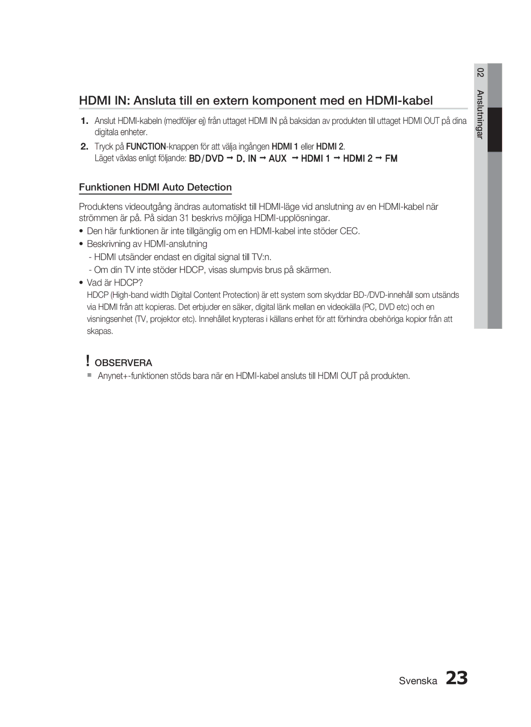 Samsung HT-C5530/XEE manual Hdmi in Ansluta till en extern komponent med en HDMI-kabel, Funktionen Hdmi Auto Detection 