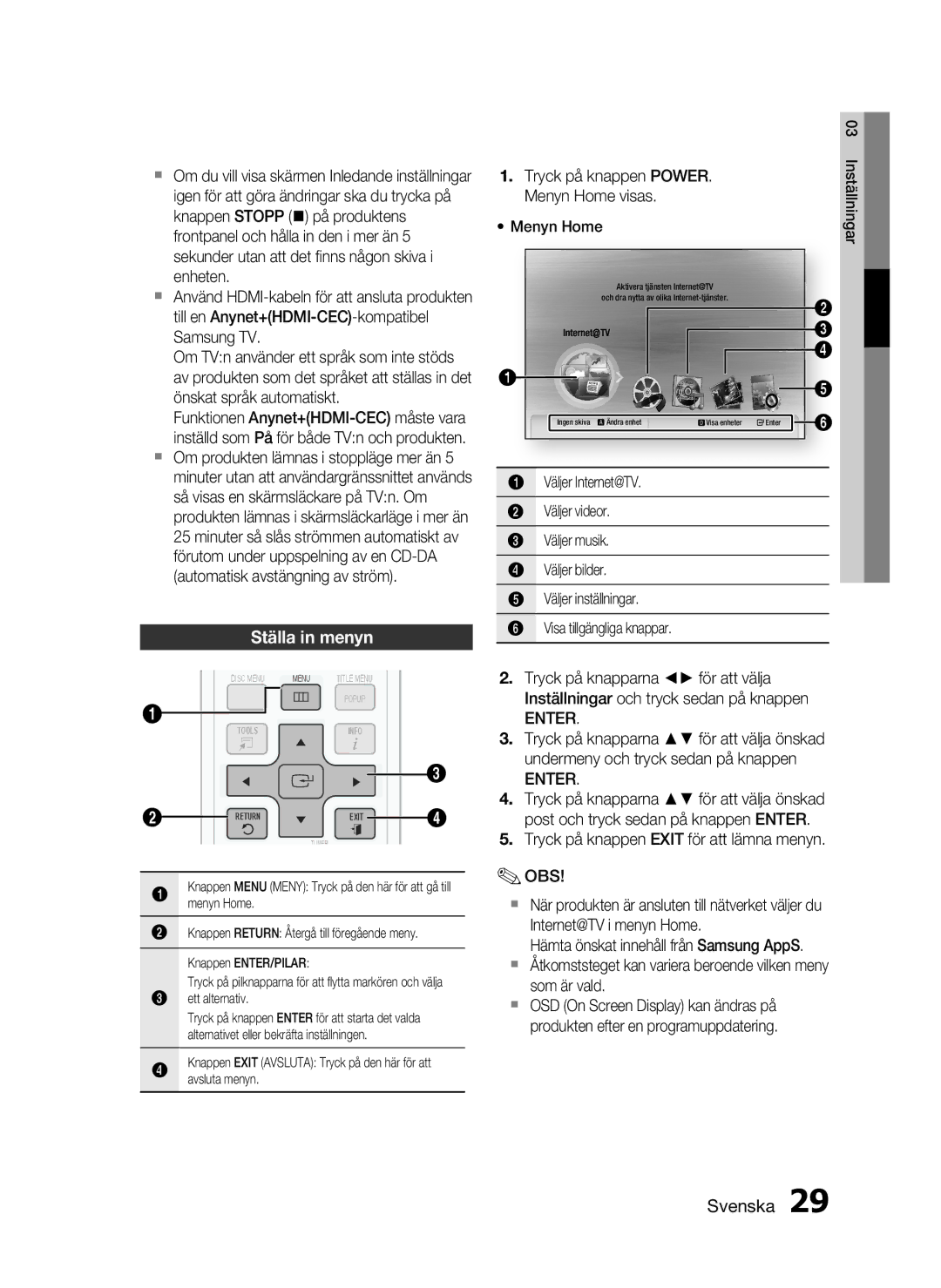 Samsung HT-C5530/XEE, HT-C5550/XEE, HT-C5500/XEE manual Ställa in menyn, Enter 