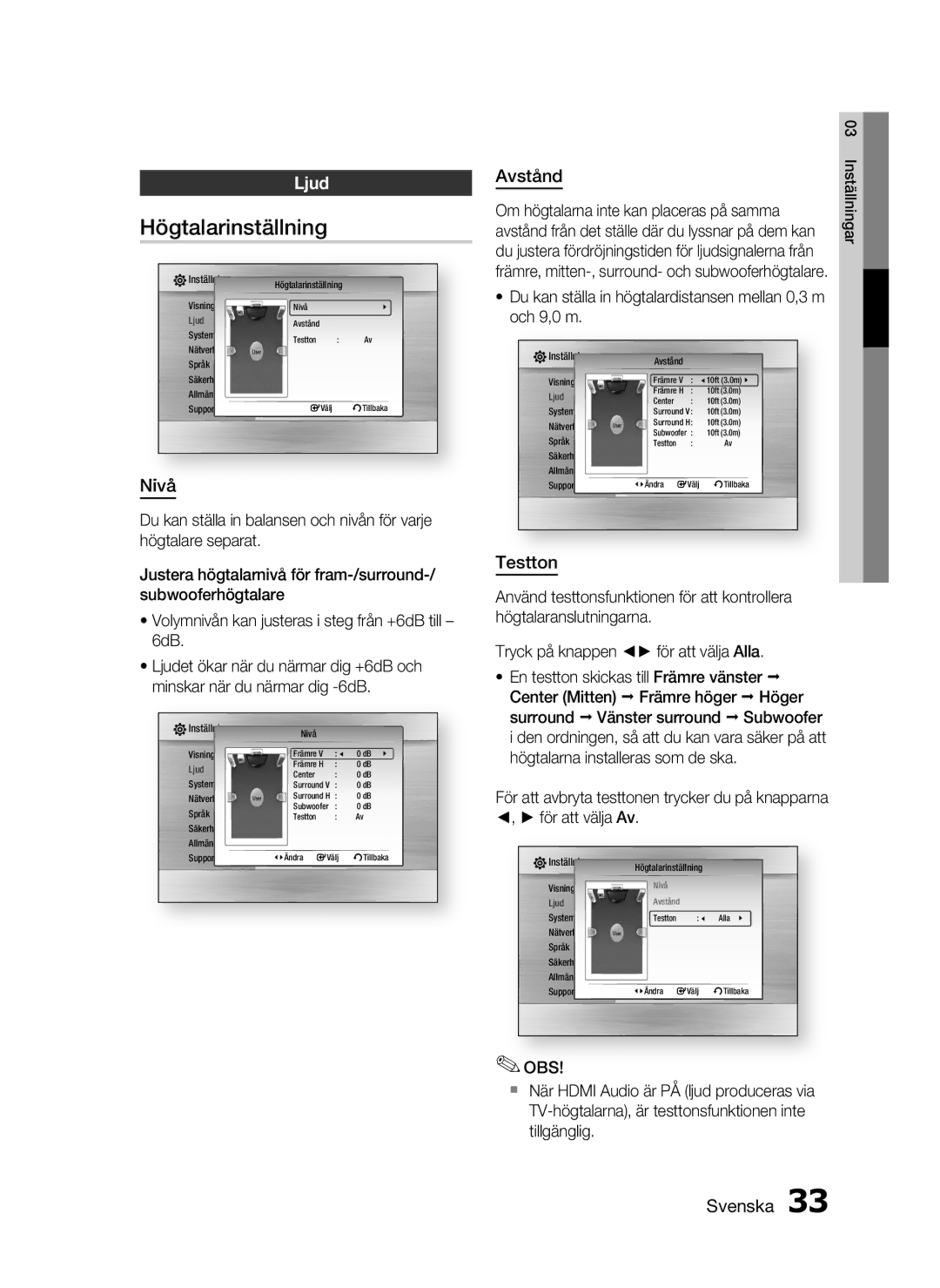 Samsung HT-C5550/XEE, HT-C5500/XEE, HT-C5530/XEE manual Högtalarinställning, Ljud, Nivå, Avstånd, Testton 