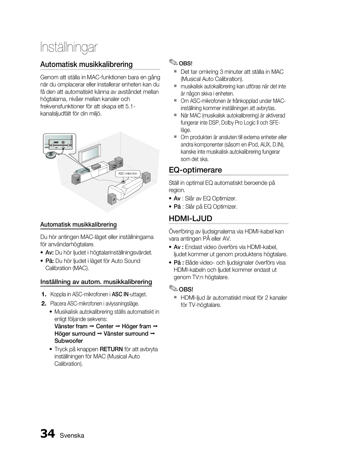 Samsung HT-C5500/XEE, HT-C5550/XEE manual Automatisk musikkalibrering, EQ-optimerare, Inställning av autom. musikkalibrering 