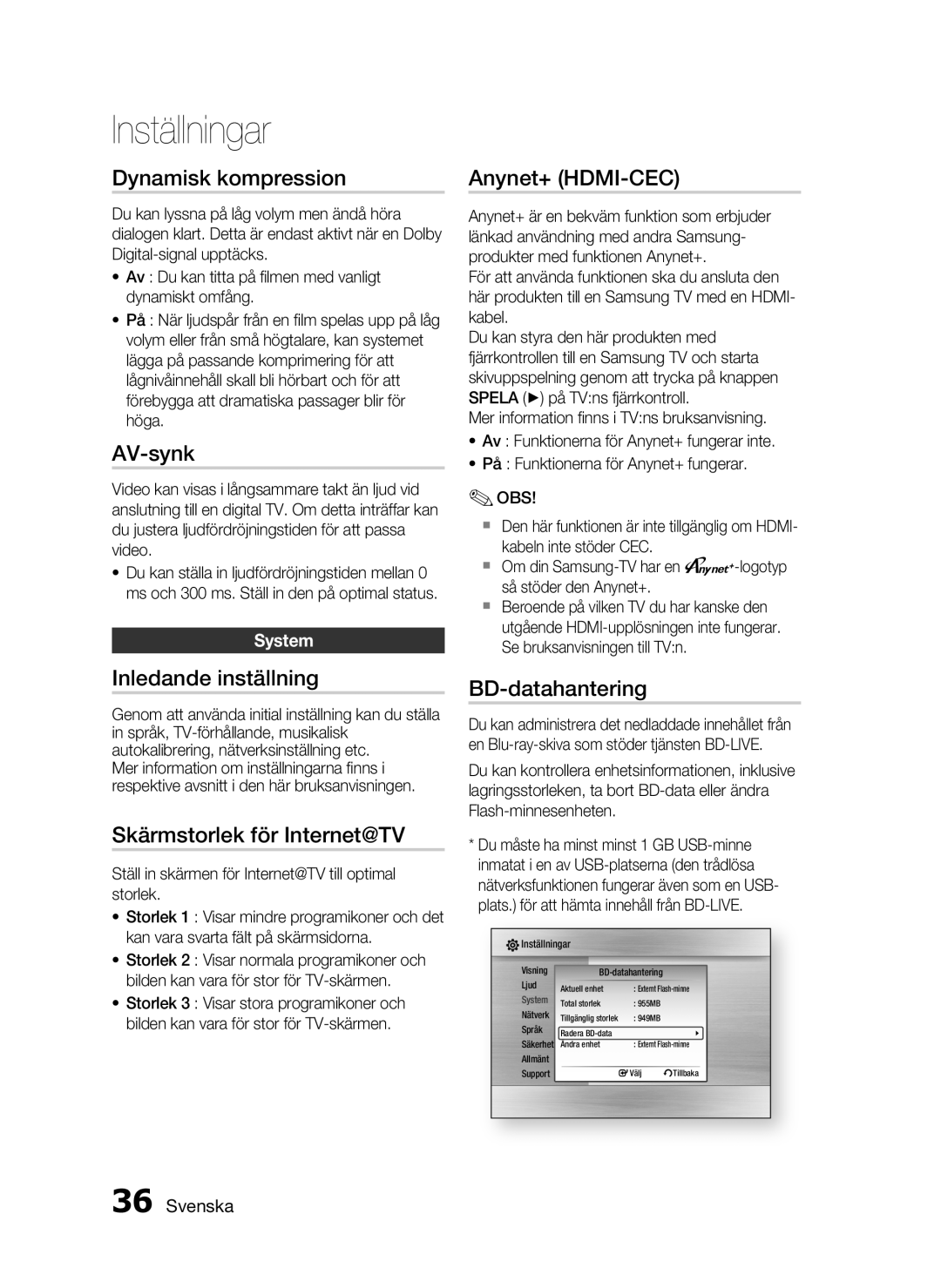 Samsung HT-C5550/XEE Dynamisk kompression, AV-synk, Anynet+ HDMI-CEC, Inledande inställning, Skärmstorlek för Internet@TV 