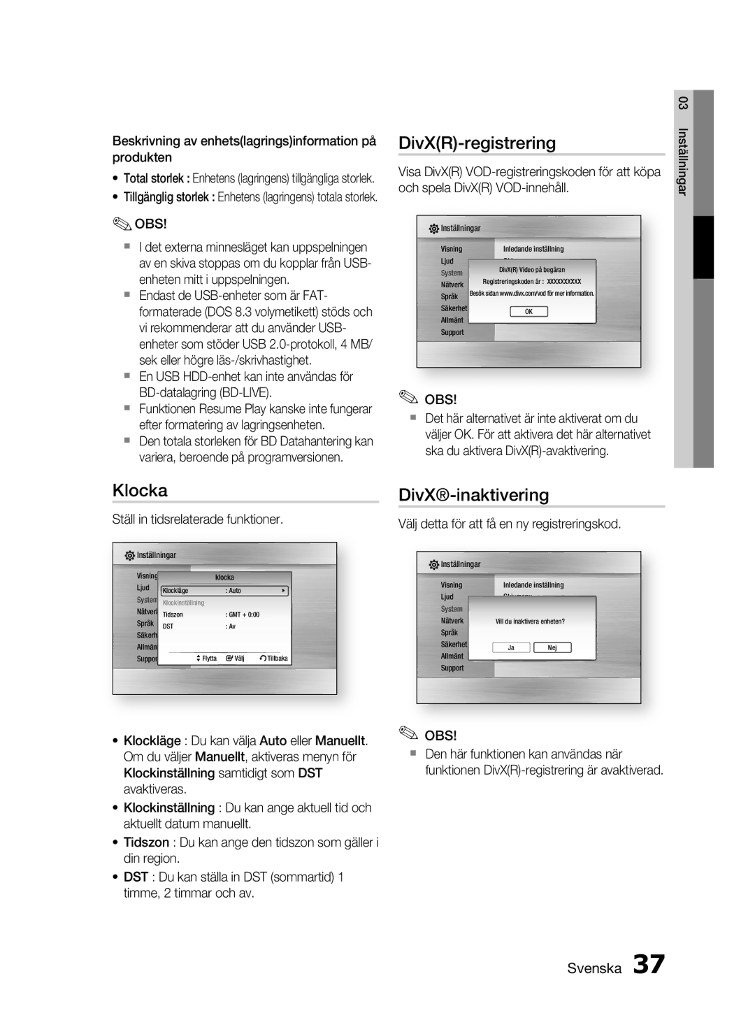 Samsung HT-C5500/XEE, HT-C5550/XEE, HT-C5530/XEE manual DivXR-registrering, Klocka, DivX-inaktivering 