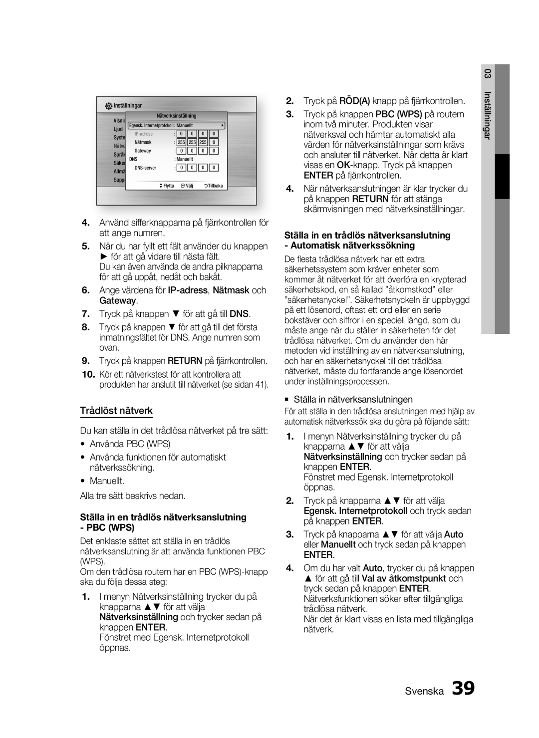 Samsung HT-C5550/XEE, HT-C5500/XEE, HT-C5530/XEE manual Trådlöst nätverk,  Ställa in nätverksanslutningen 