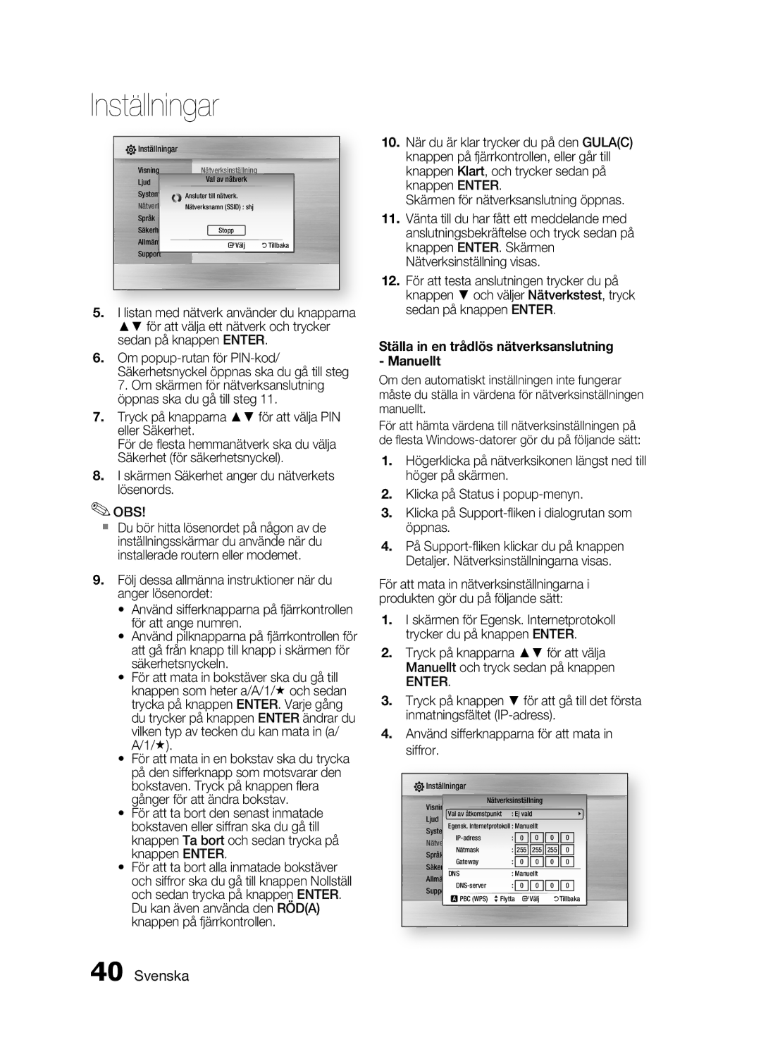 Samsung HT-C5500/XEE, HT-C5550/XEE, HT-C5530/XEE manual Ställa in en trådlös nätverksanslutning Manuellt 