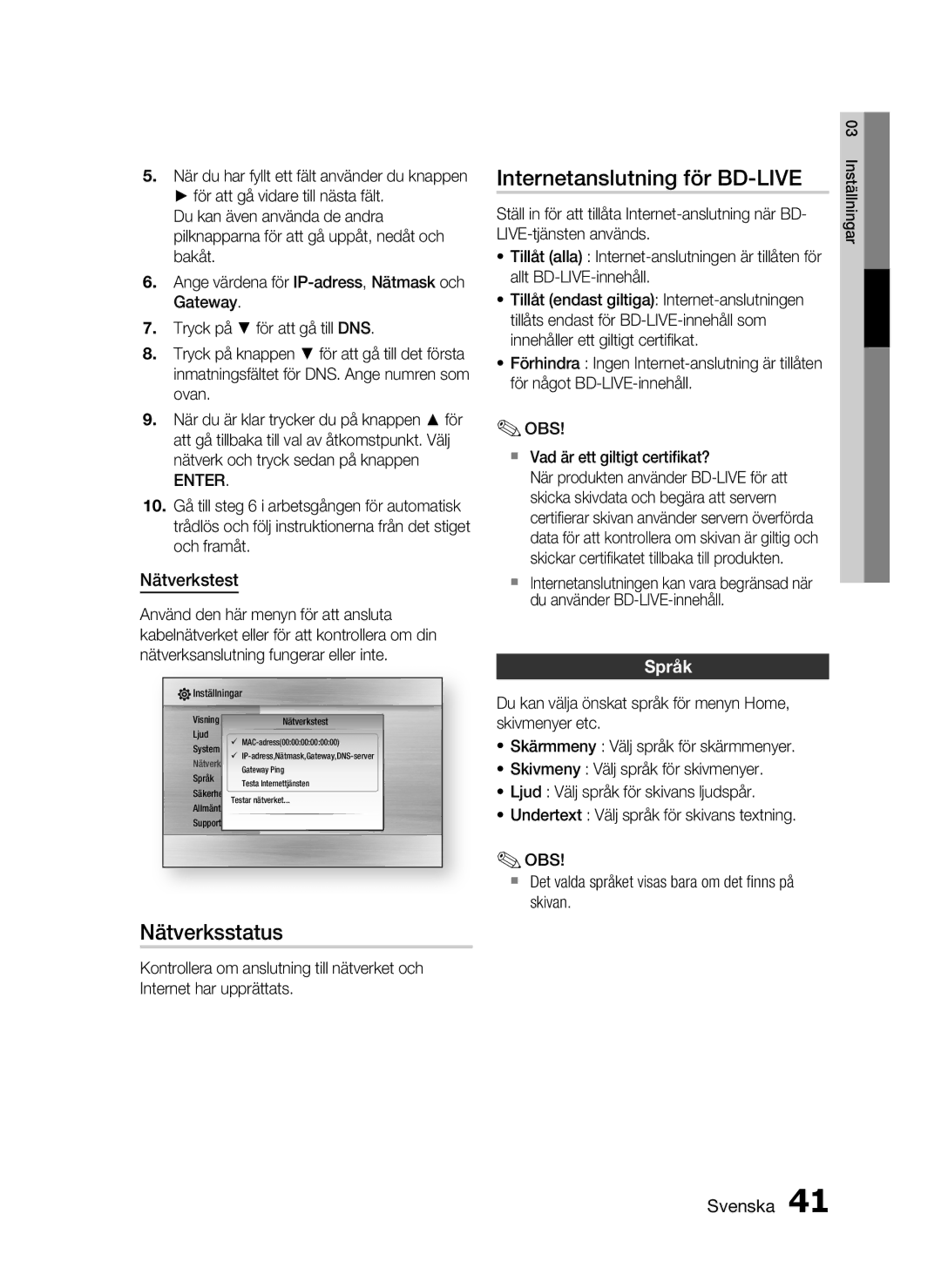 Samsung HT-C5530/XEE, HT-C5550/XEE, HT-C5500/XEE manual Internetanslutning för BD-LIVE, Nätverksstatus, Nätverkstest, Språk 