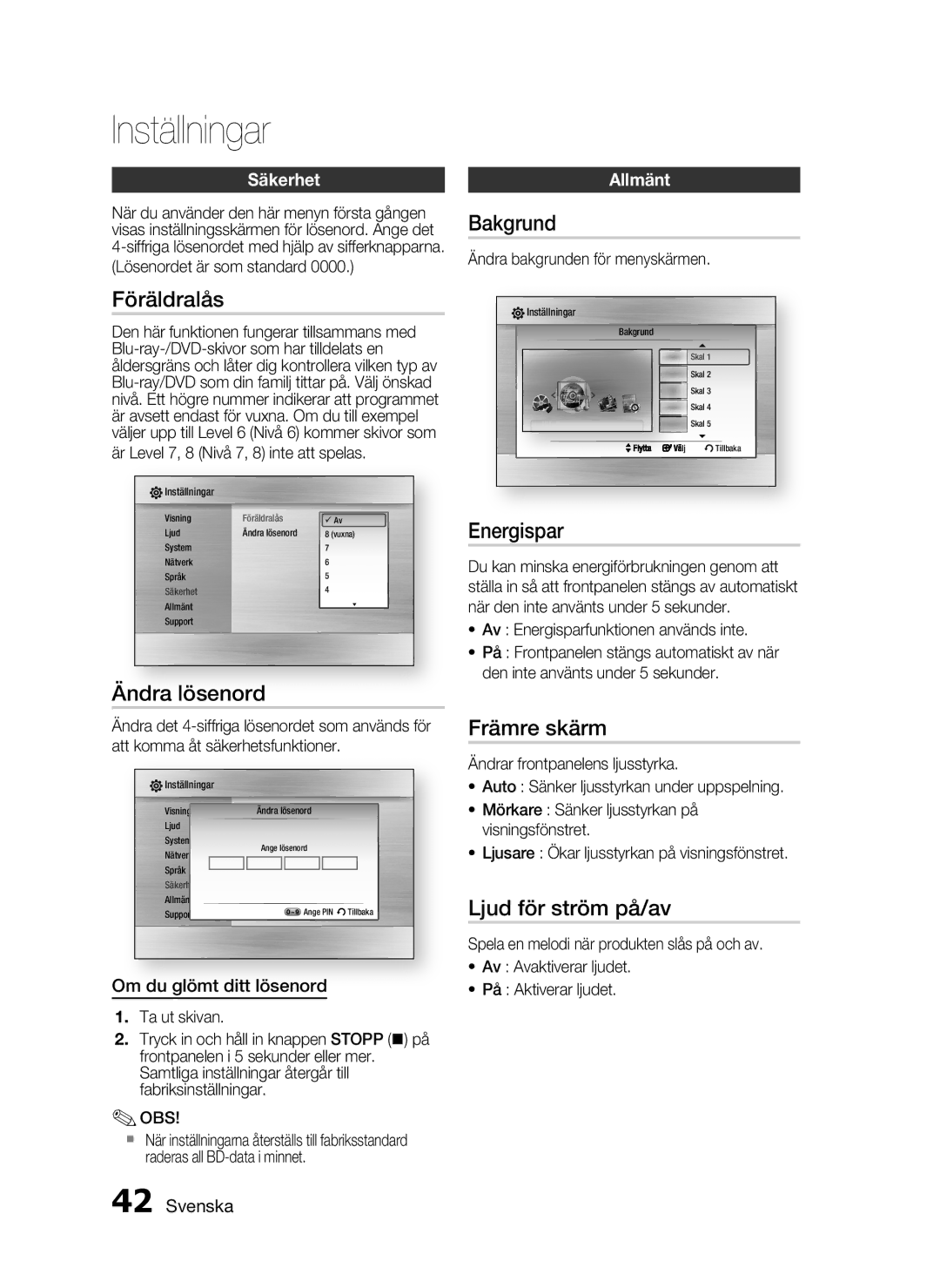 Samsung HT-C5550/XEE, HT-C5500/XEE Föräldralås, Ändra lösenord, Bakgrund, Energispar, Främre skärm, Ljud för ström på/av 