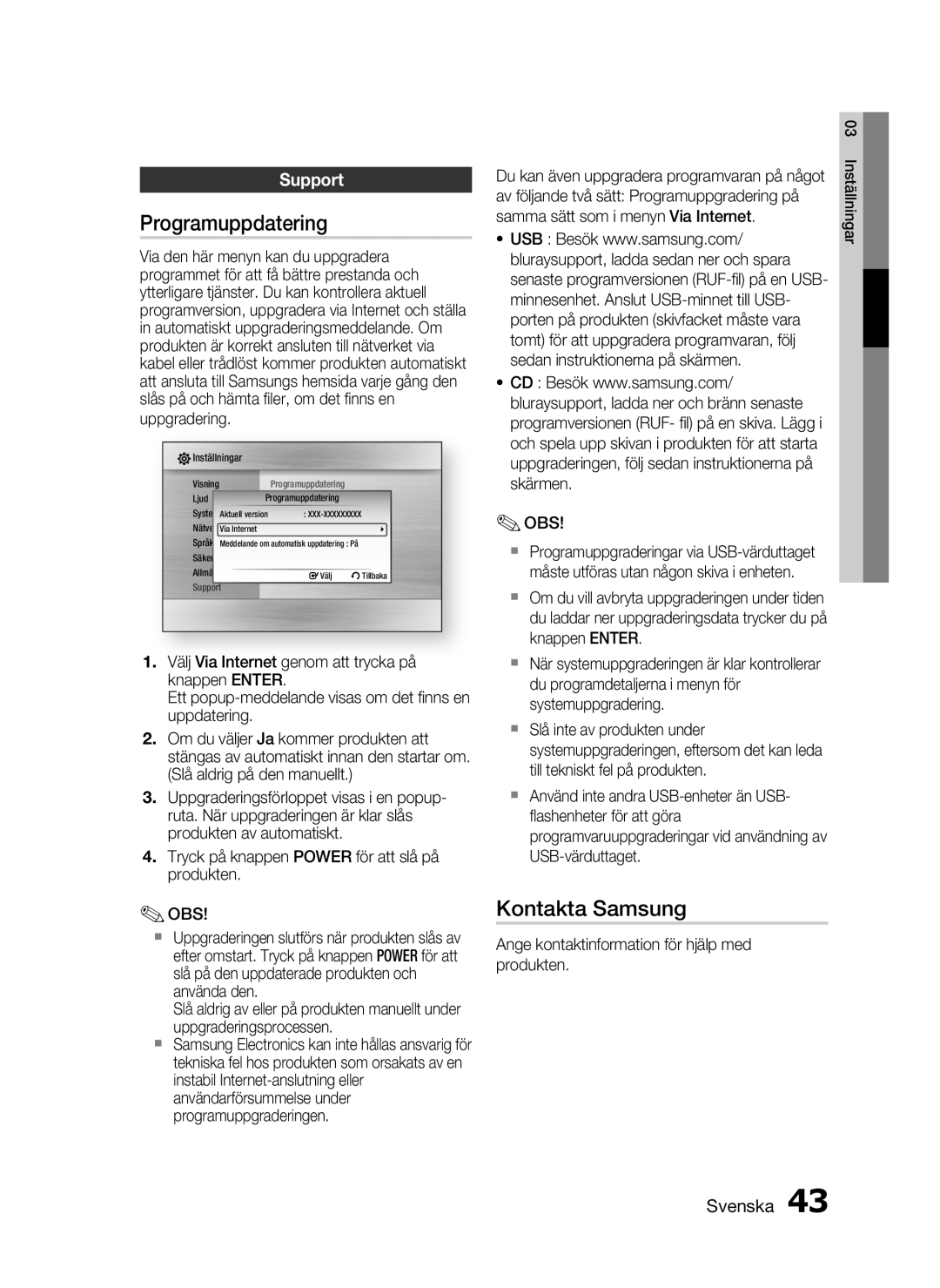 Samsung HT-C5500/XEE manual Programuppdatering, Kontakta Samsung, Support, Ange kontaktinformation för hjälp med produkten 