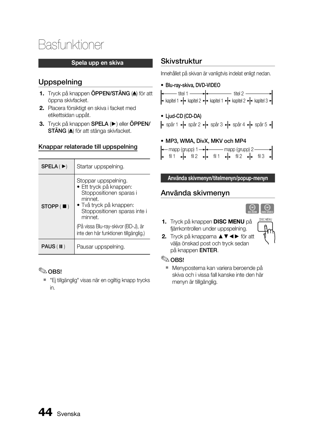 Samsung HT-C5530/XEE, HT-C5550/XEE, HT-C5500/XEE manual Basfunktioner, Uppspelning, Skivstruktur, Använda skivmenyn 