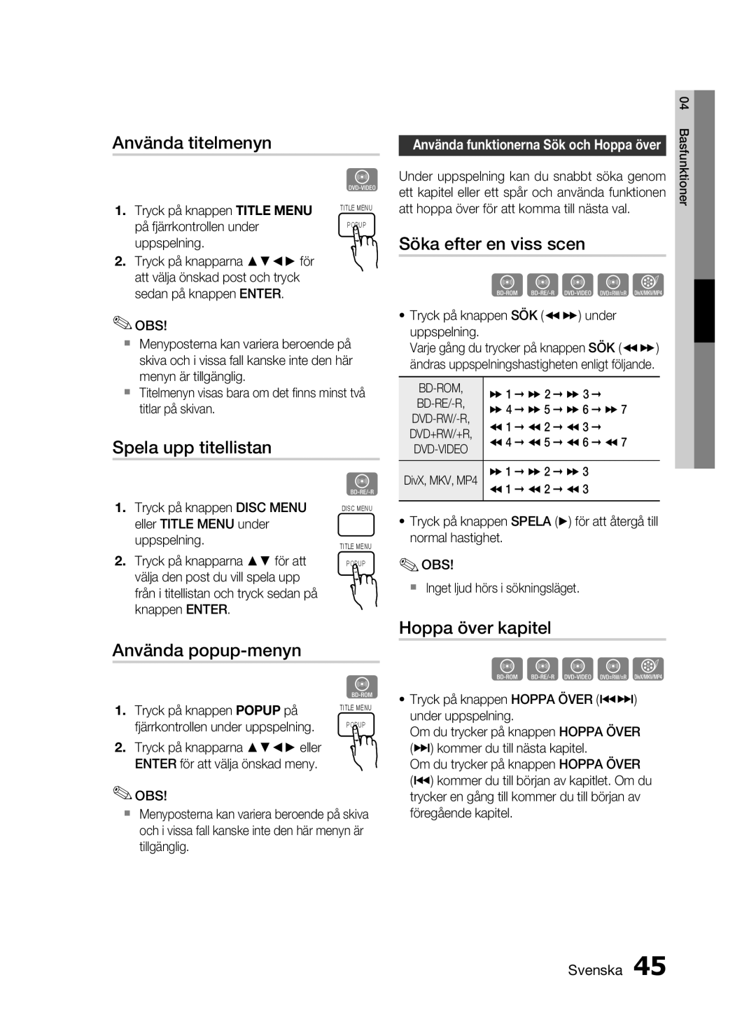 Samsung HT-C5550/XEE, HT-C5500/XEE, HT-C5530/XEE manual Använda titelmenyn, Spela upp titellistan, Använda popup-menyn 