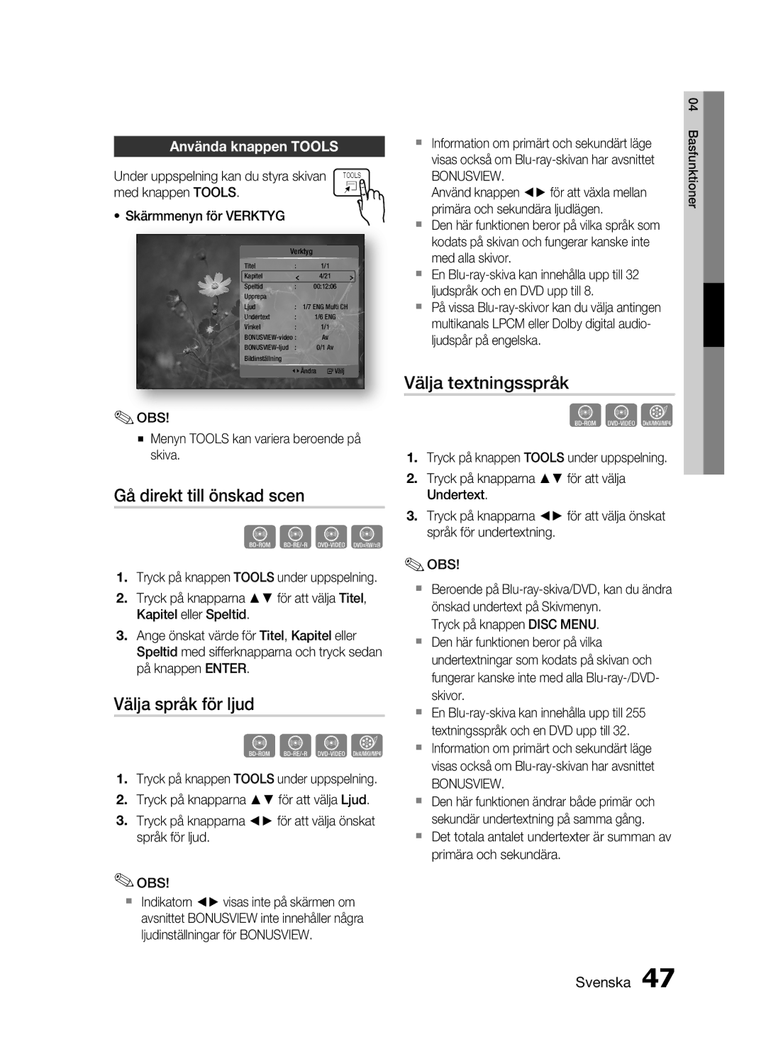 Samsung HT-C5530/XEE manual Gå direkt till önskad scen, Välja språk för ljud, Välja textningsspråk, Använda knappen Tools 