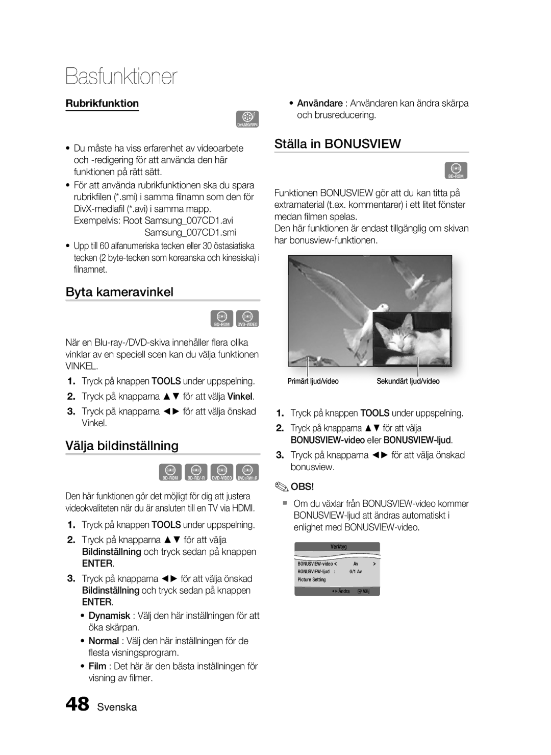 Samsung HT-C5550/XEE, HT-C5500/XEE, HT-C5530/XEE manual Byta kameravinkel, Välja bildinställning, Ställa in Bonusview, Vinkel 