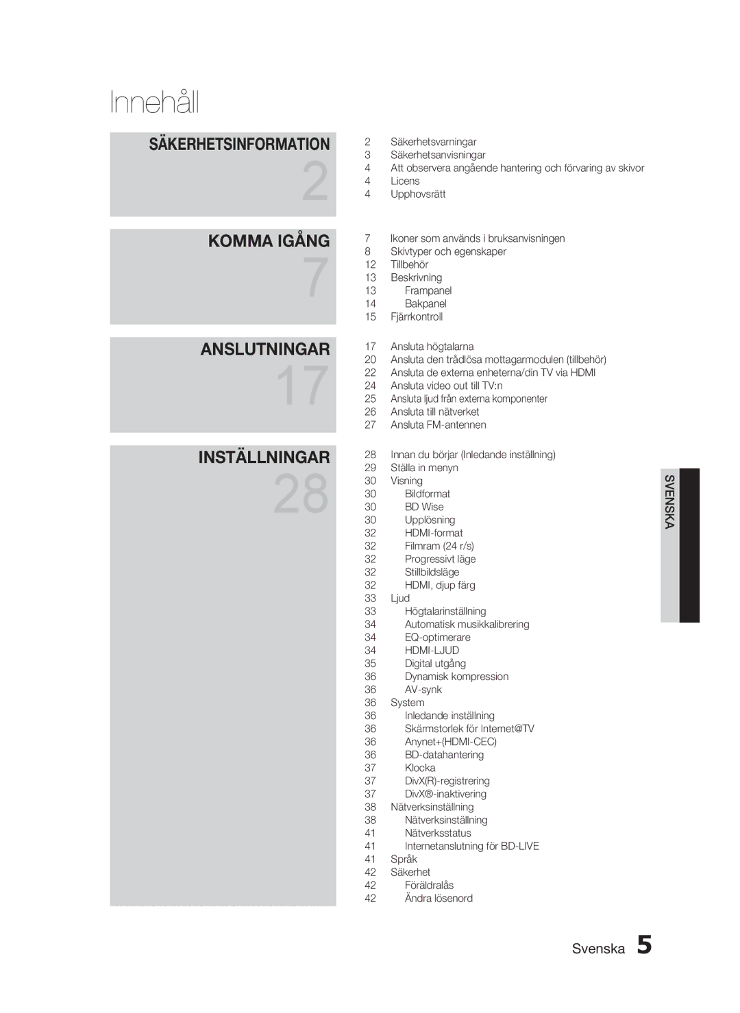 Samsung HT-C5530/XEE, HT-C5550/XEE, HT-C5500/XEE manual Innehåll, Säkerhetsinformation 