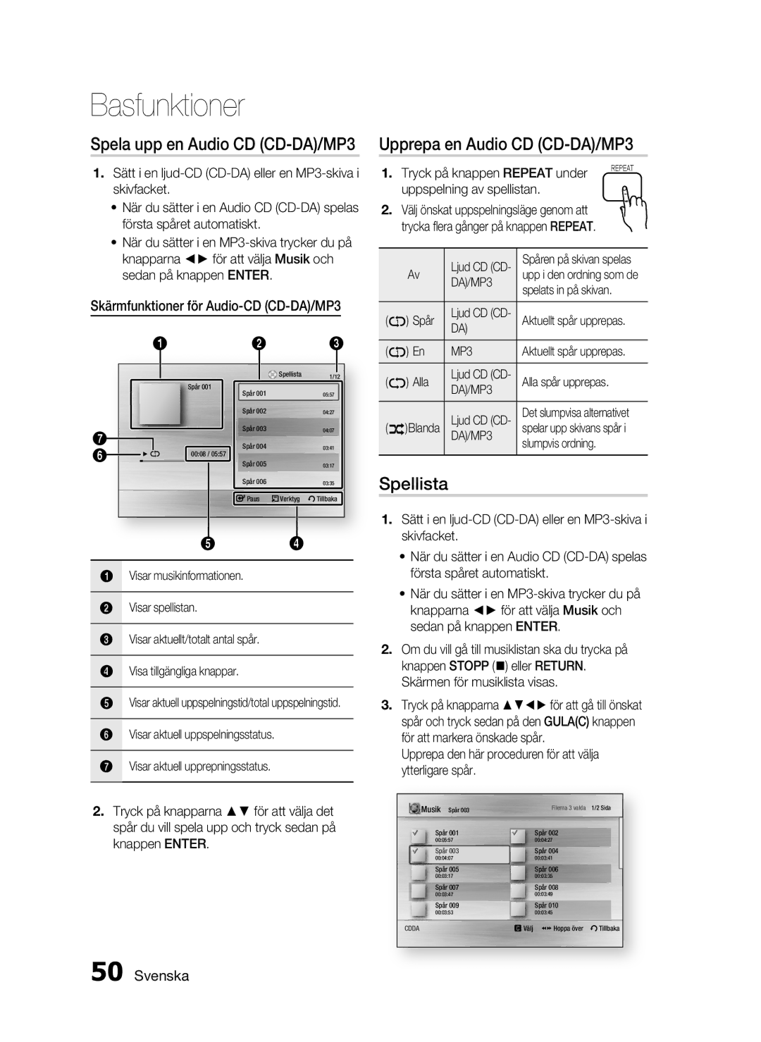 Samsung HT-C5530/XEE, HT-C5550/XEE manual Upprepa en Audio CD CD-DA/MP3, Spellista, Skärmfunktioner för Audio-CD CD-DA/MP3 