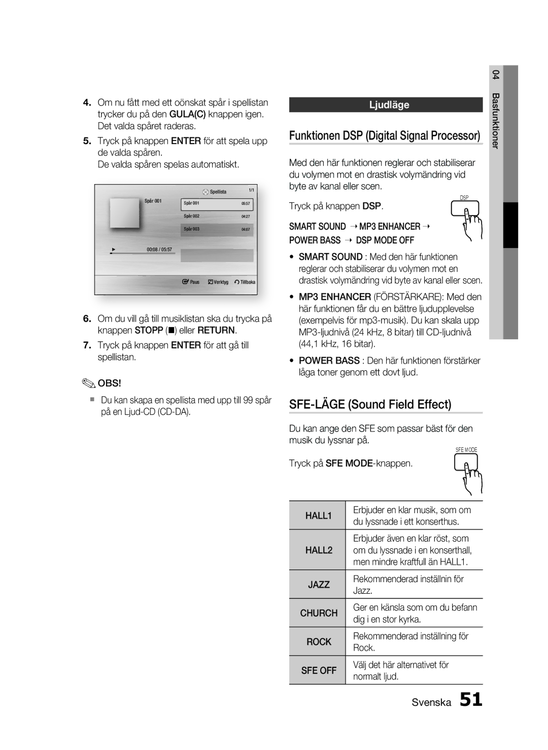 Samsung HT-C5550/XEE, HT-C5500/XEE, HT-C5530/XEE manual SFE-LÄGE Sound Field Effect, Ljudläge 