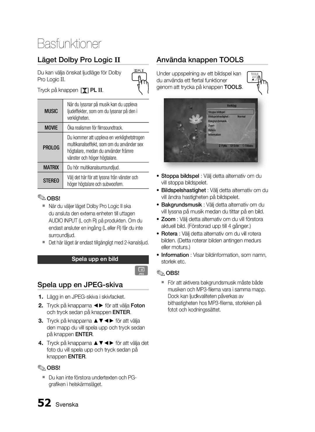 Samsung HT-C5500/XEE manual Läget Dolby Pro Logic, Spela upp en JPEG-skiva, Använda knappen Tools, Spela upp en bild, Music 