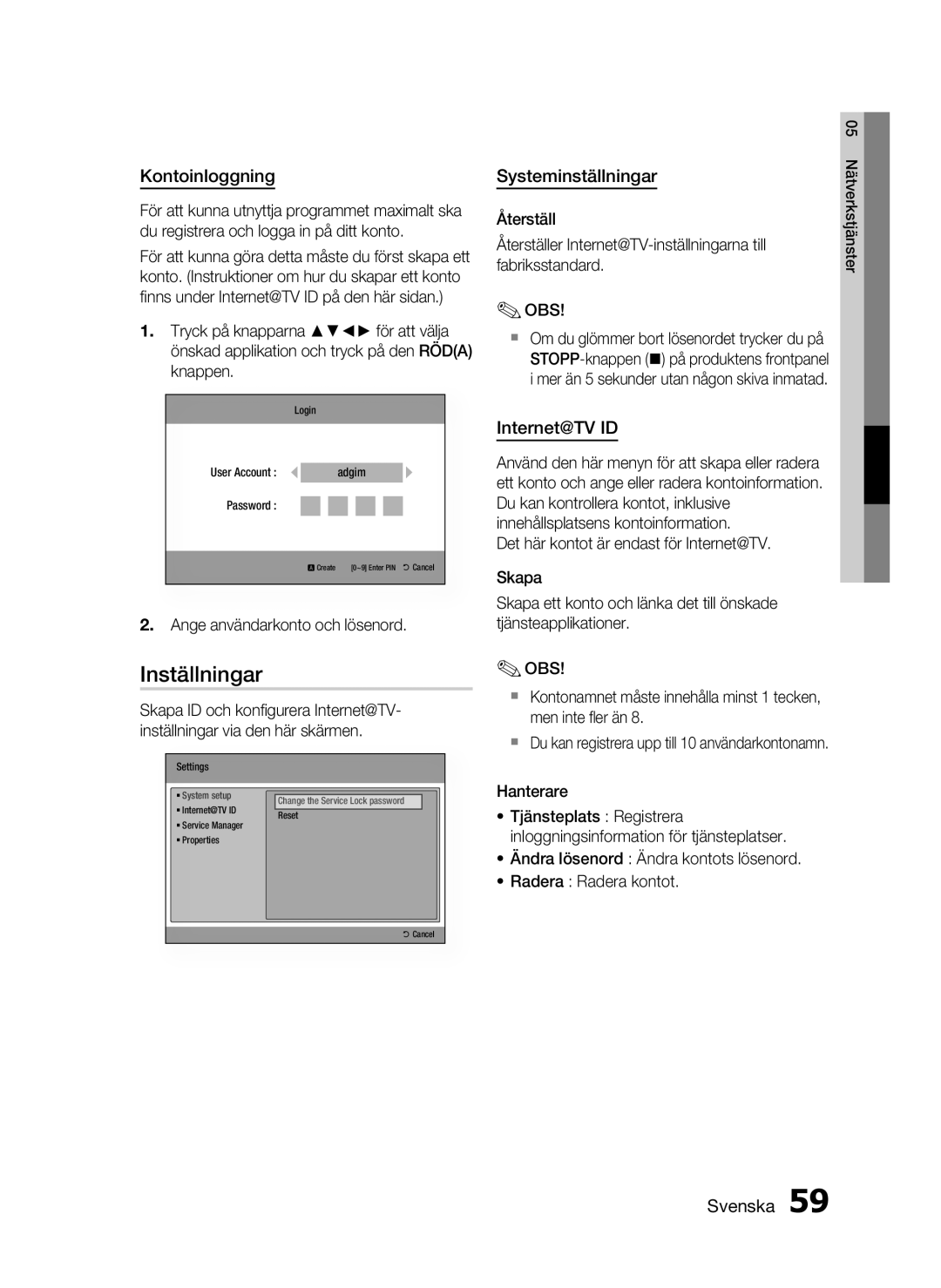 Samsung HT-C5530/XEE, HT-C5550/XEE, HT-C5500/XEE manual Inställningar, Kontoinloggning, Systeminställningar, Internet@TV ID 