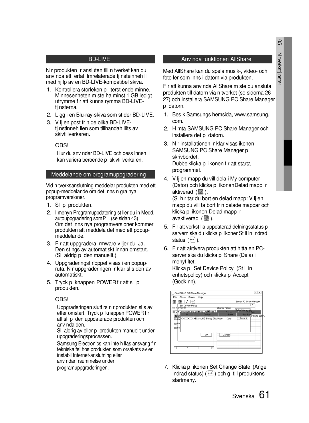 Samsung HT-C5500/XEE, HT-C5550/XEE, HT-C5530/XEE manual Meddelande om programuppgradering, Använda funktionen AllShare 