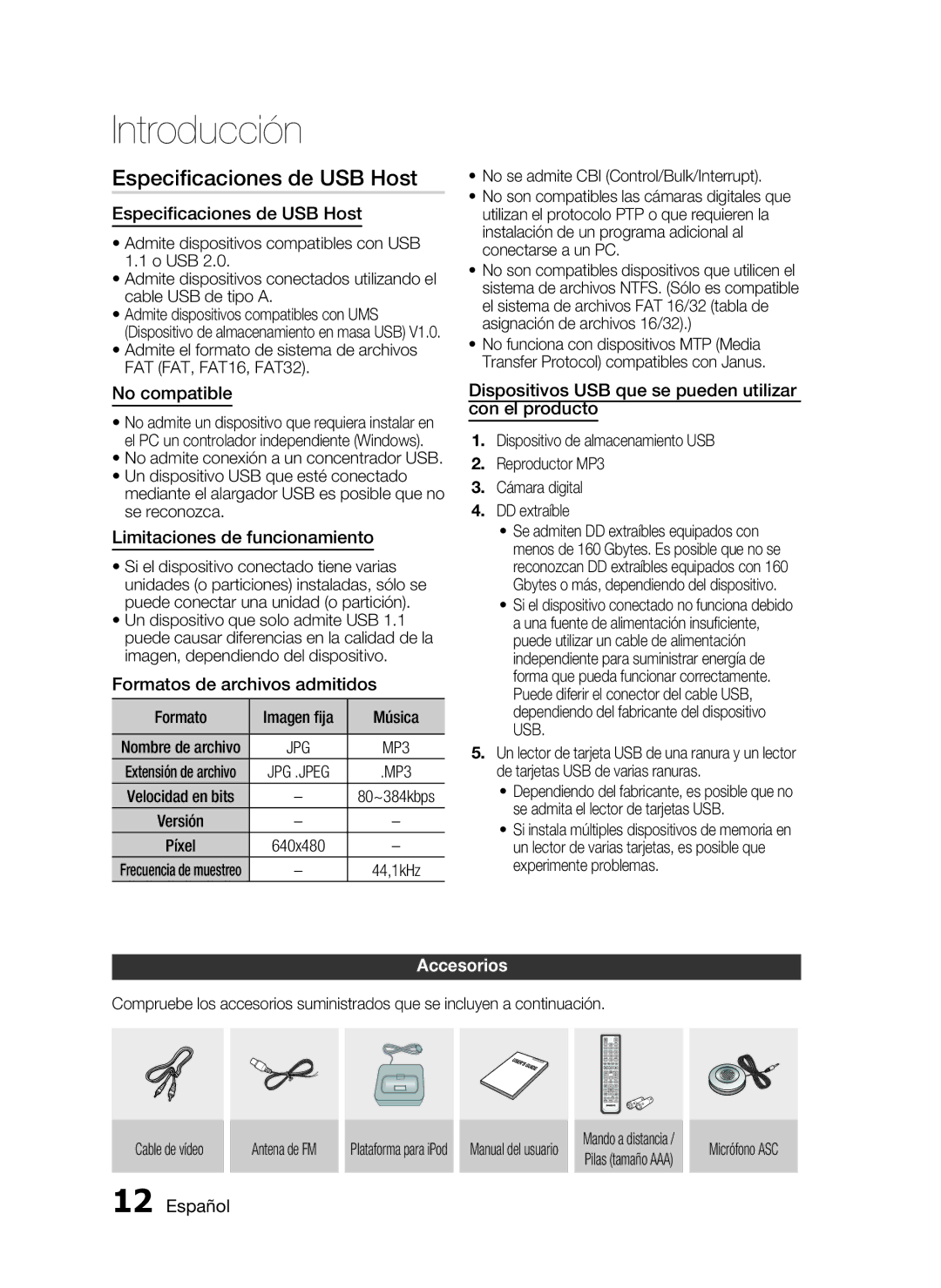 Samsung HT-C5550/XEF, HT-C5500/XEF manual Especiﬁcaciones de USB Host, Accesorios 