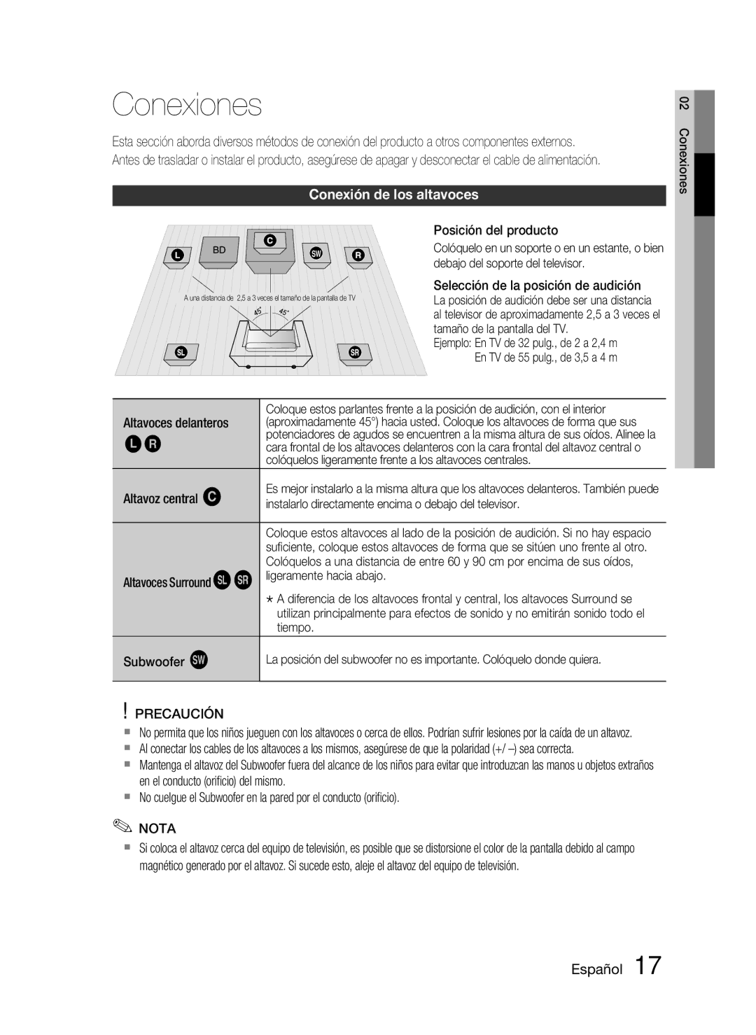 Samsung HT-C5500/XEF, HT-C5550/XEF manual Conexiones, Conexión de los altavoces 