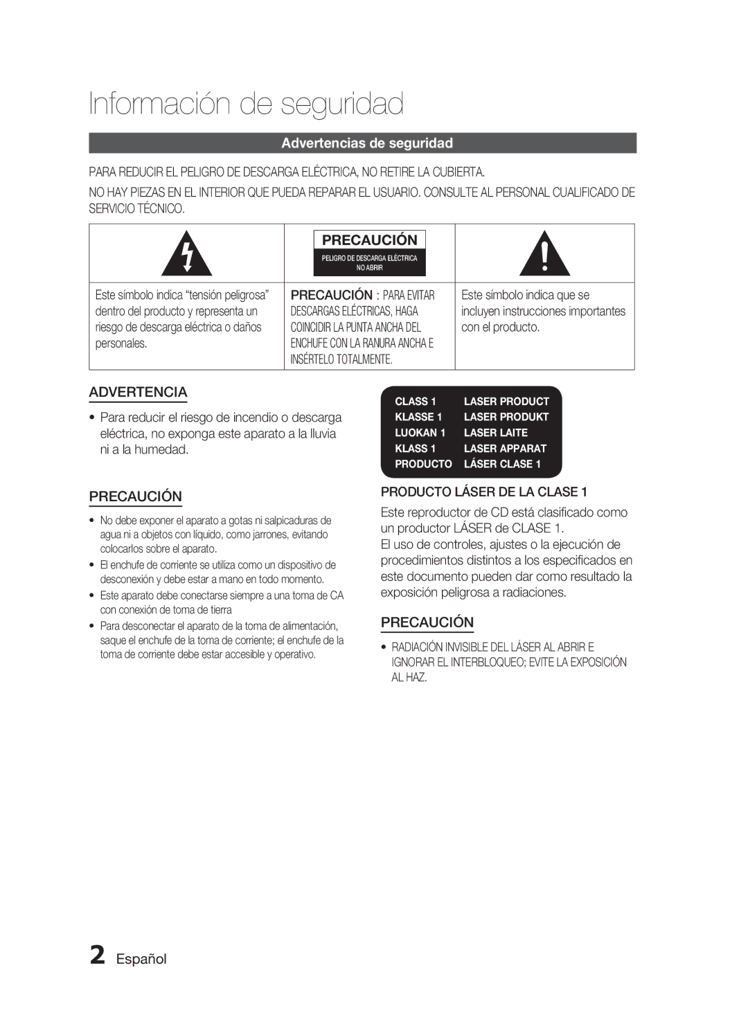 Samsung HT-C5550/XEF, HT-C5500/XEF manual Información de seguridad, Advertencias de seguridad, Español, Insértelo Totalmente 